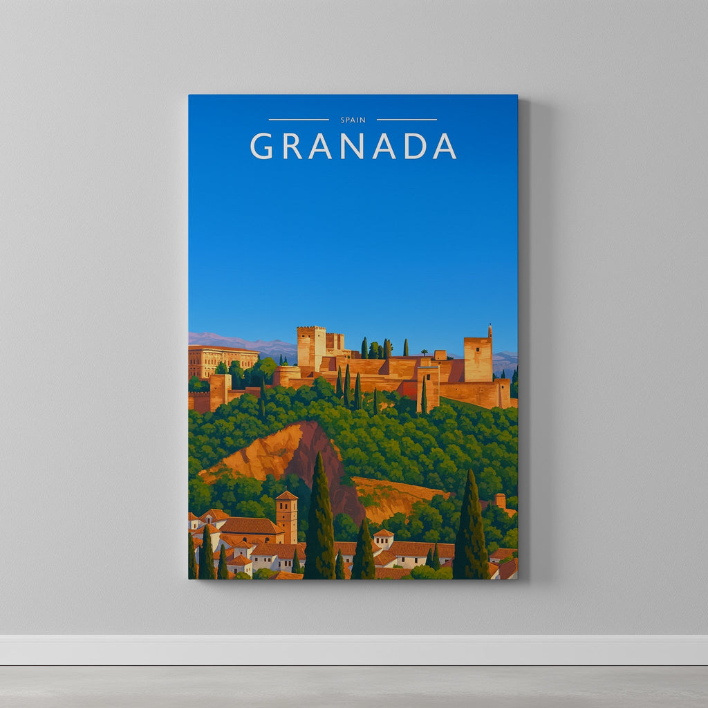Granada Travel Poster as a gallery-wrapped canvas on a plain wall