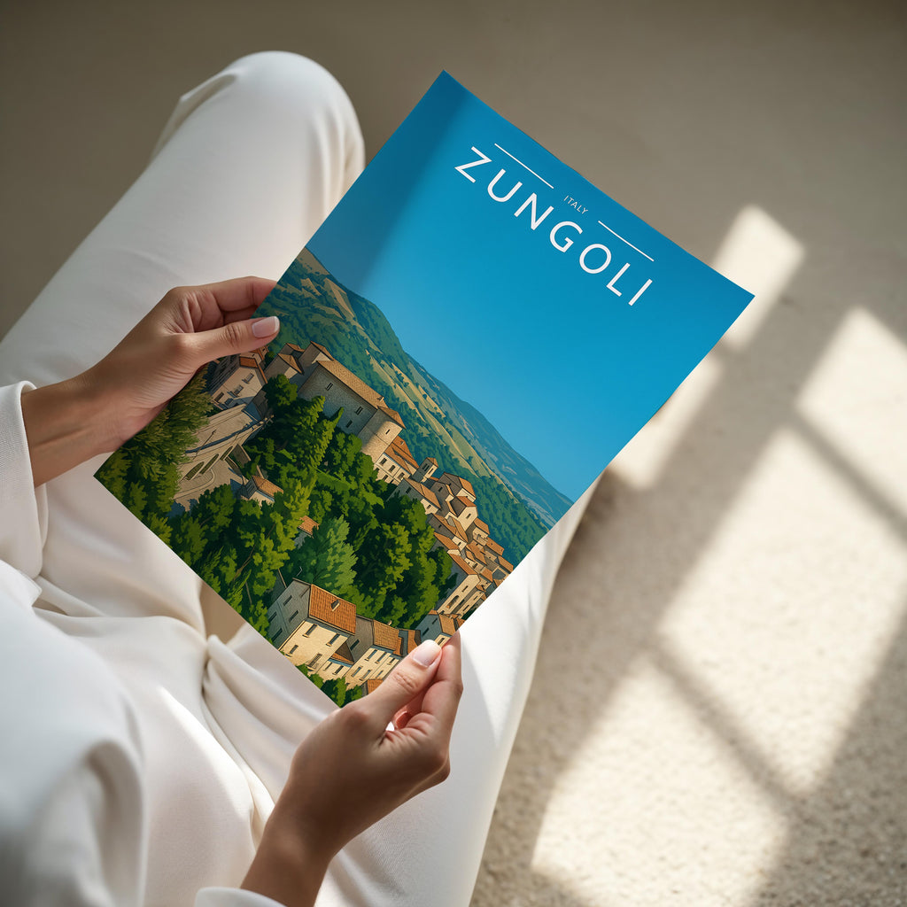 Zungoli Travel Poster - A4 print held in hand