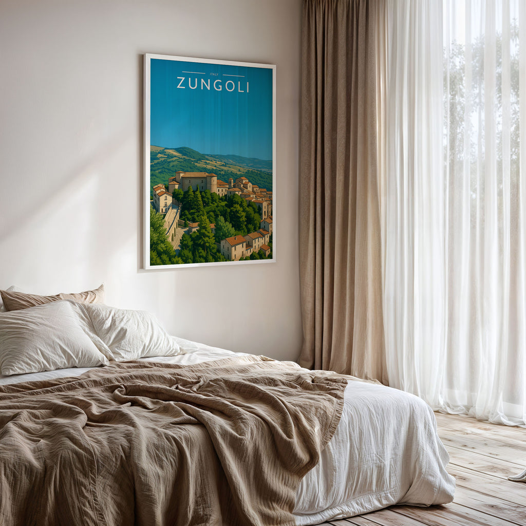 Zungoli Travel Poster framed on a bedroom wall
