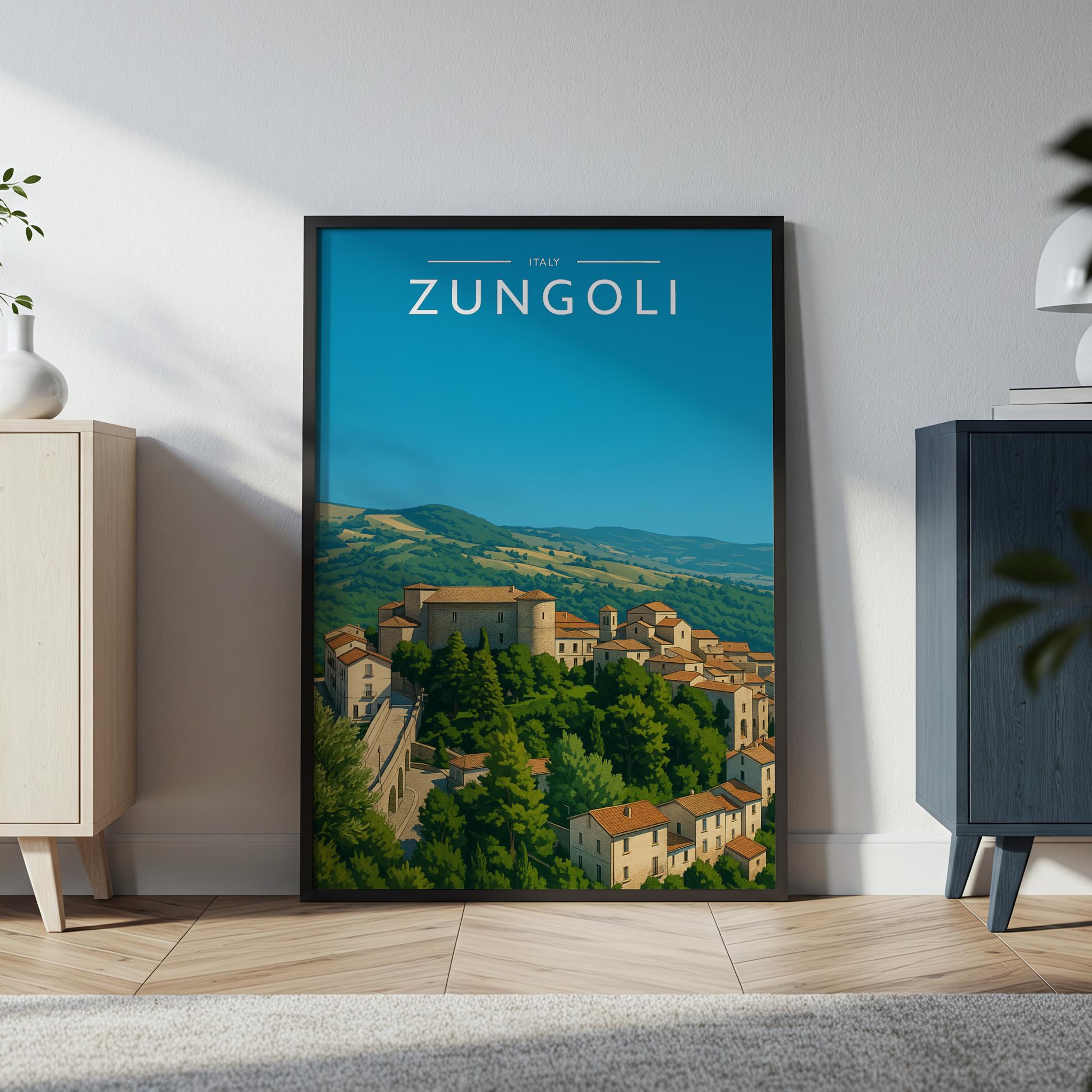 Zungoli Travel Poster in a black frame