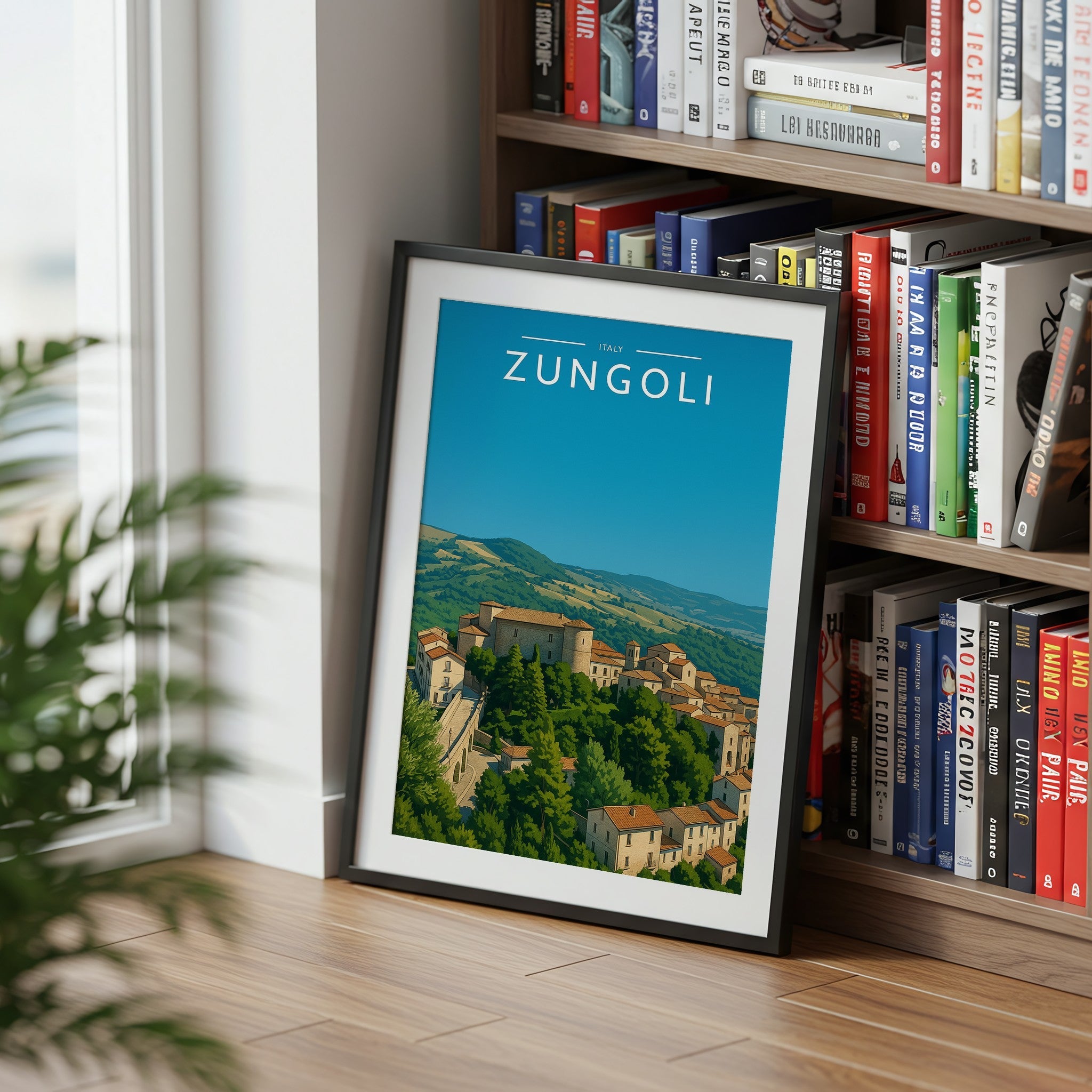 Zungoli Travel Poster mounted in a black frame