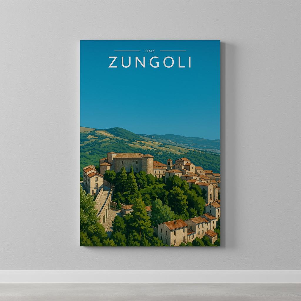 Zungoli Travel Poster as a gallery-wrapped canvas on a plain wall