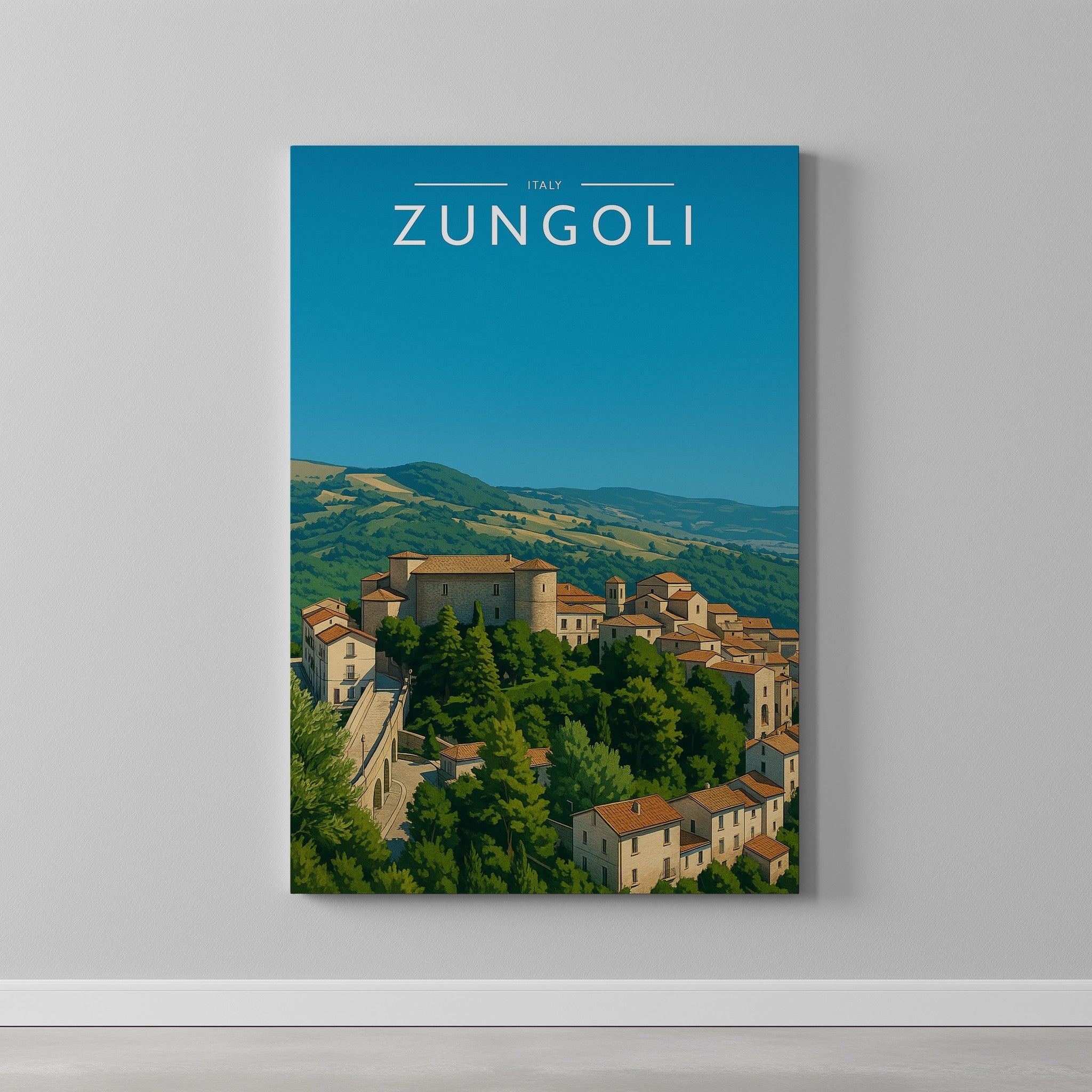 Zungoli Travel Poster as a gallery-wrapped canvas on a plain wall