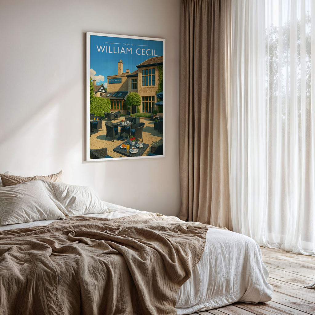 Stamford #5 Travel Poster framed on a bedroom wall