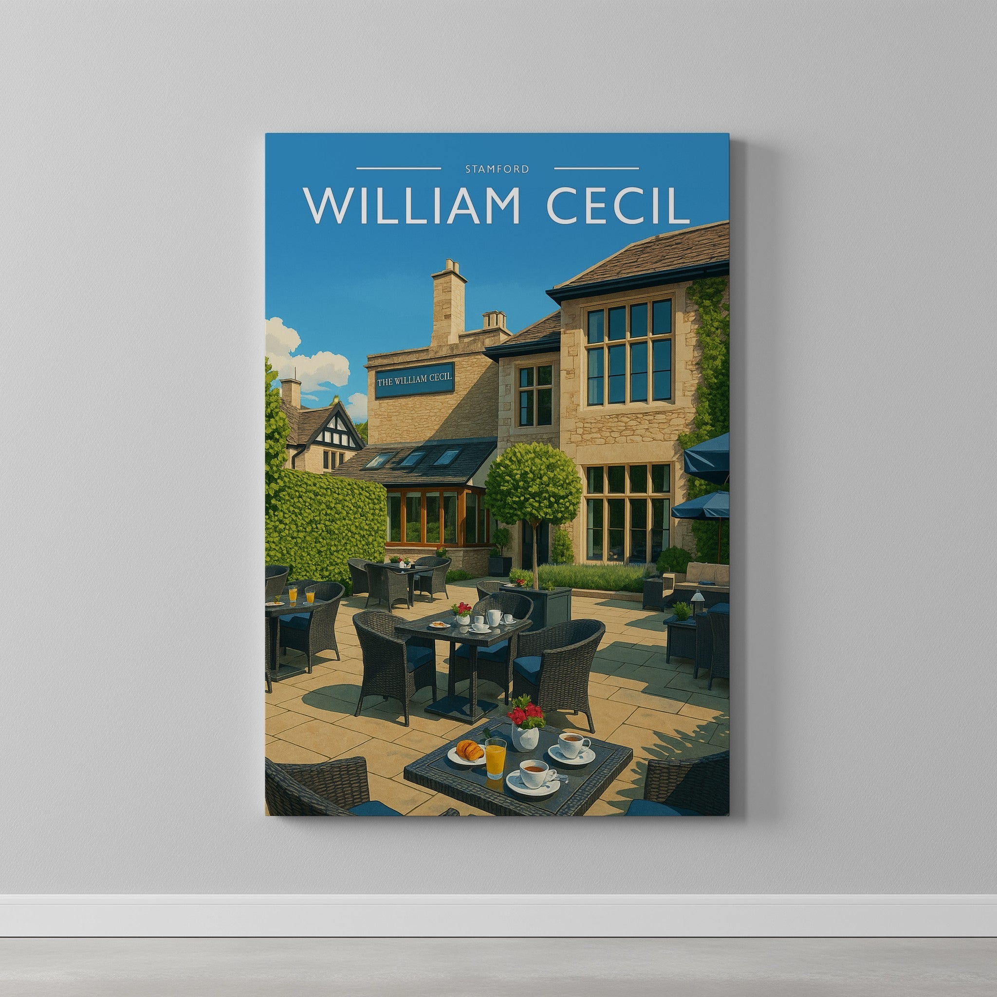 Stamford #5 Travel Poster as a gallery-wrapped canvas on a plain wall