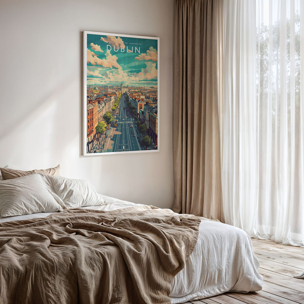 Dublin Travel Poster framed on a bedroom wall