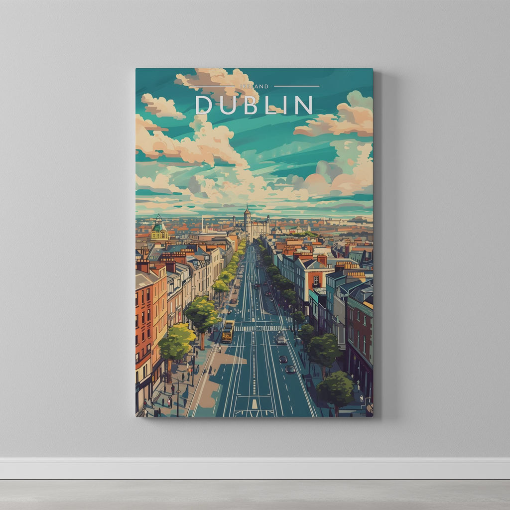 Dublin Travel Poster as a gallery-wrapped canvas on a plain wall