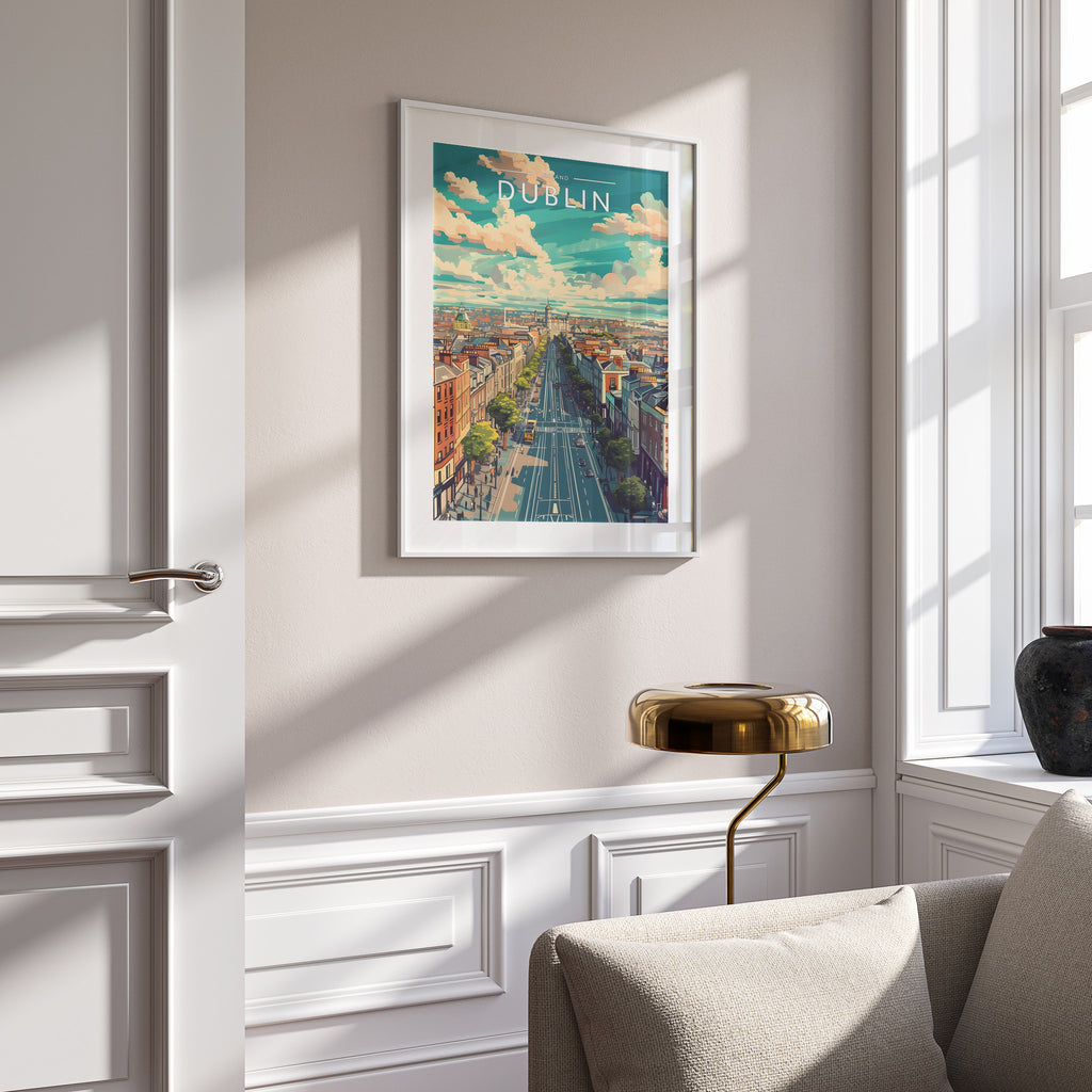 Dublin Travel Poster in a white frame on a panelled wall