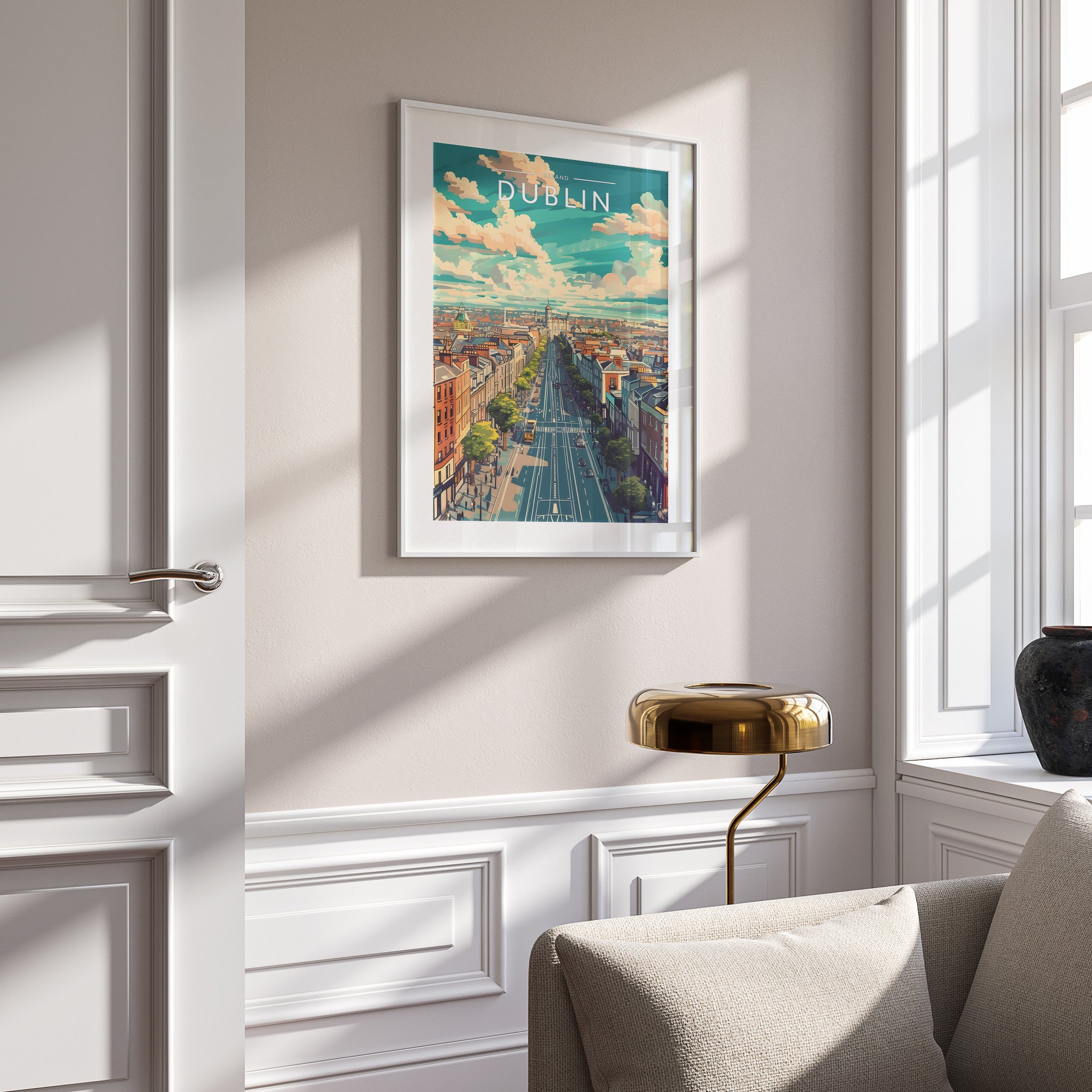 Dublin Travel Poster in a white frame on a panelled wall