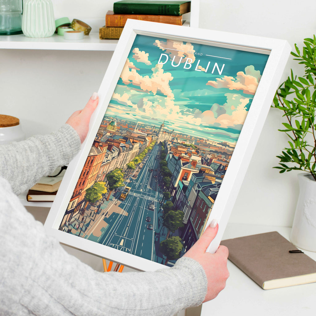 Dublin Travel Poster in a white frame, held to show scale