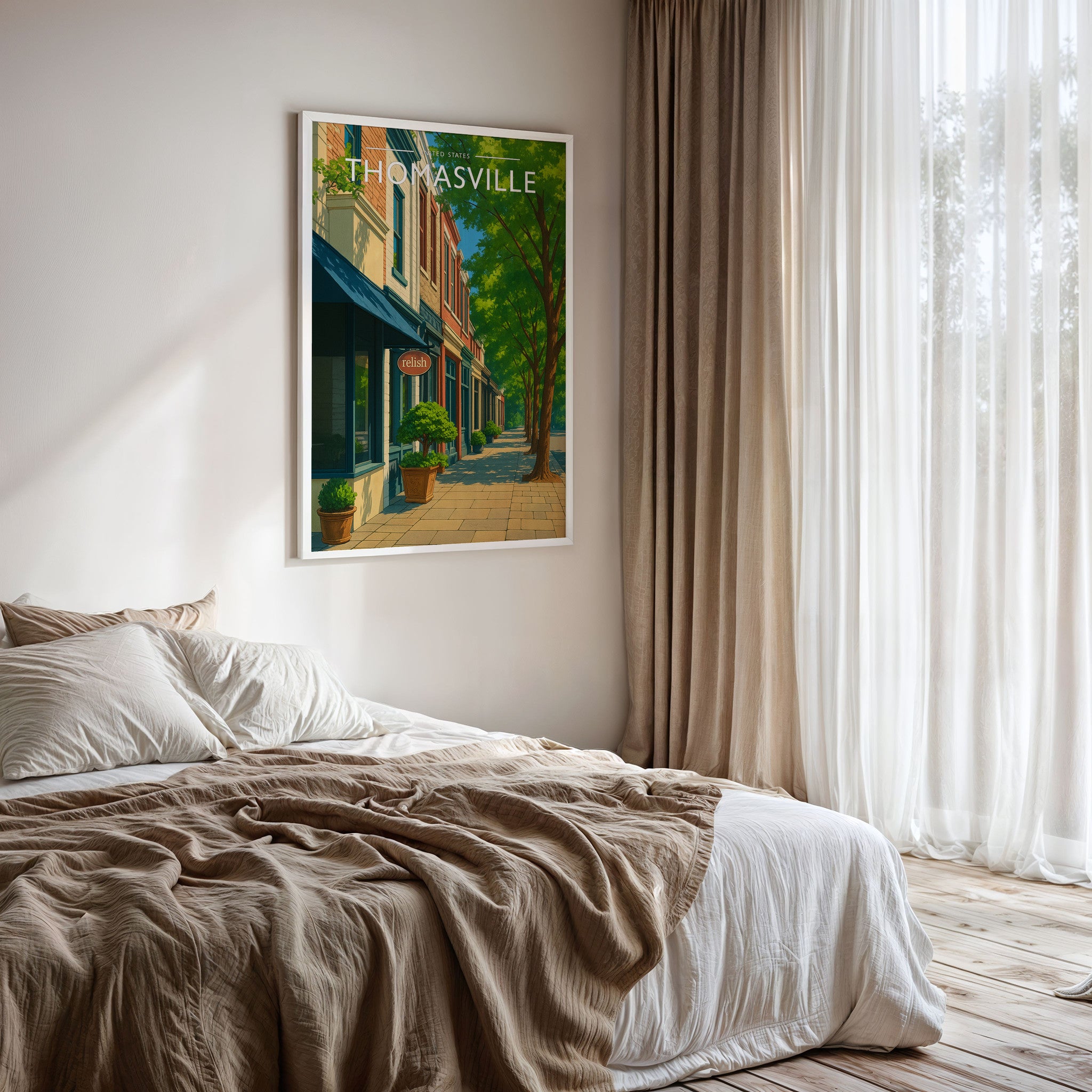 Thomasville Travel Poster framed on a bedroom wall