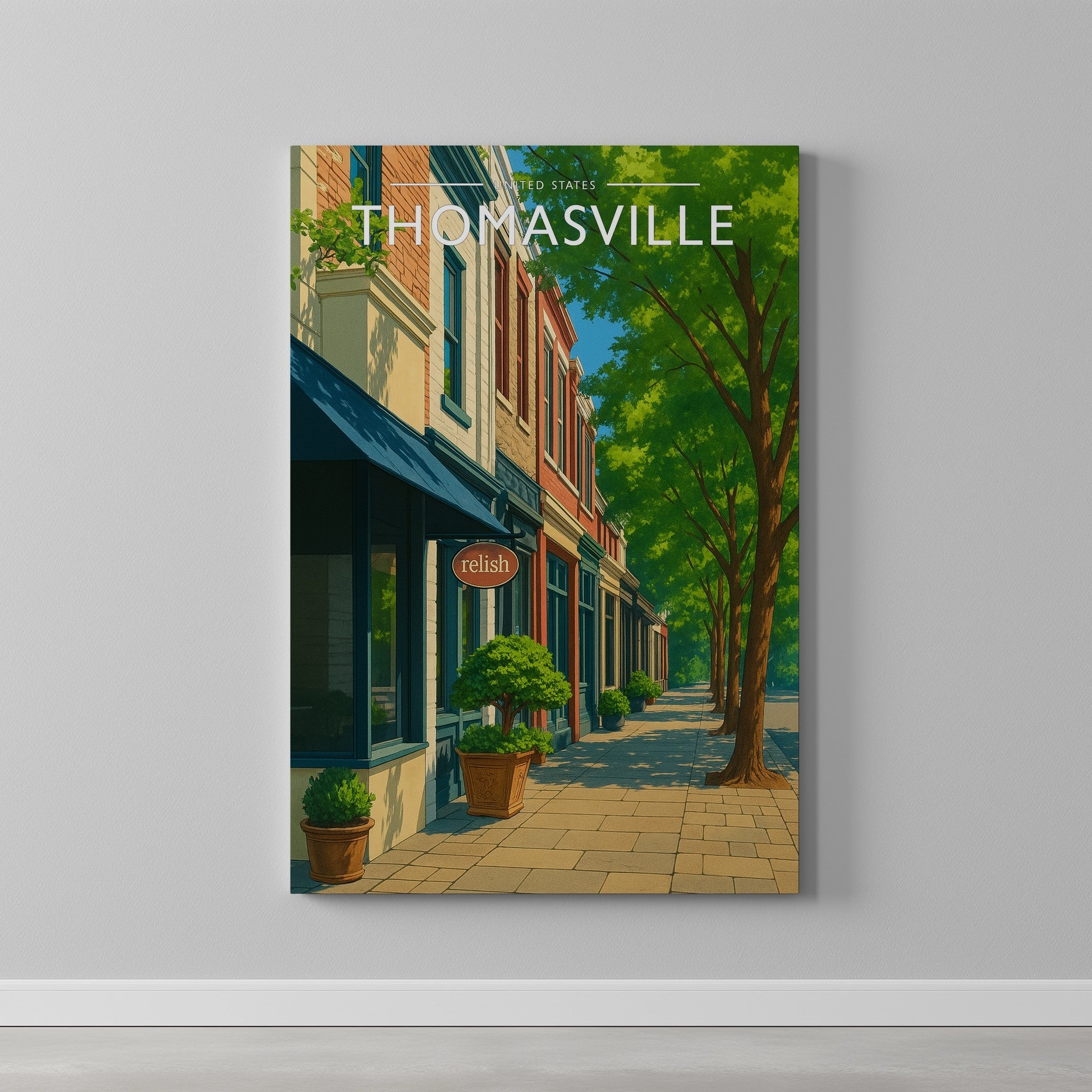 Thomasville Travel Poster as a gallery-wrapped canvas on a plain wall