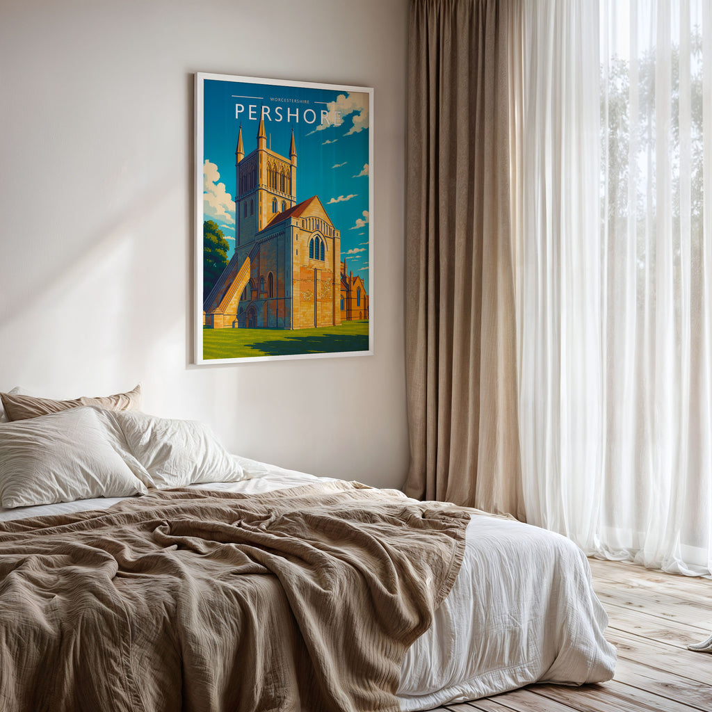 Pershore Travel Poster framed on a bedroom wall