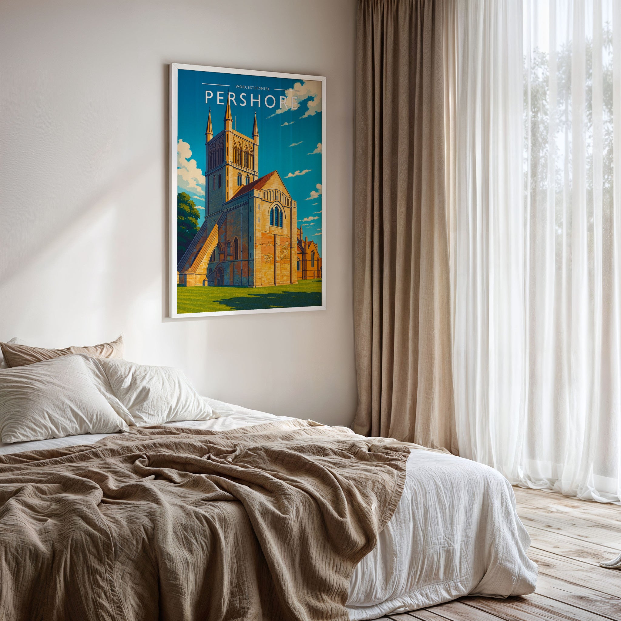 Pershore Travel Poster framed on a bedroom wall