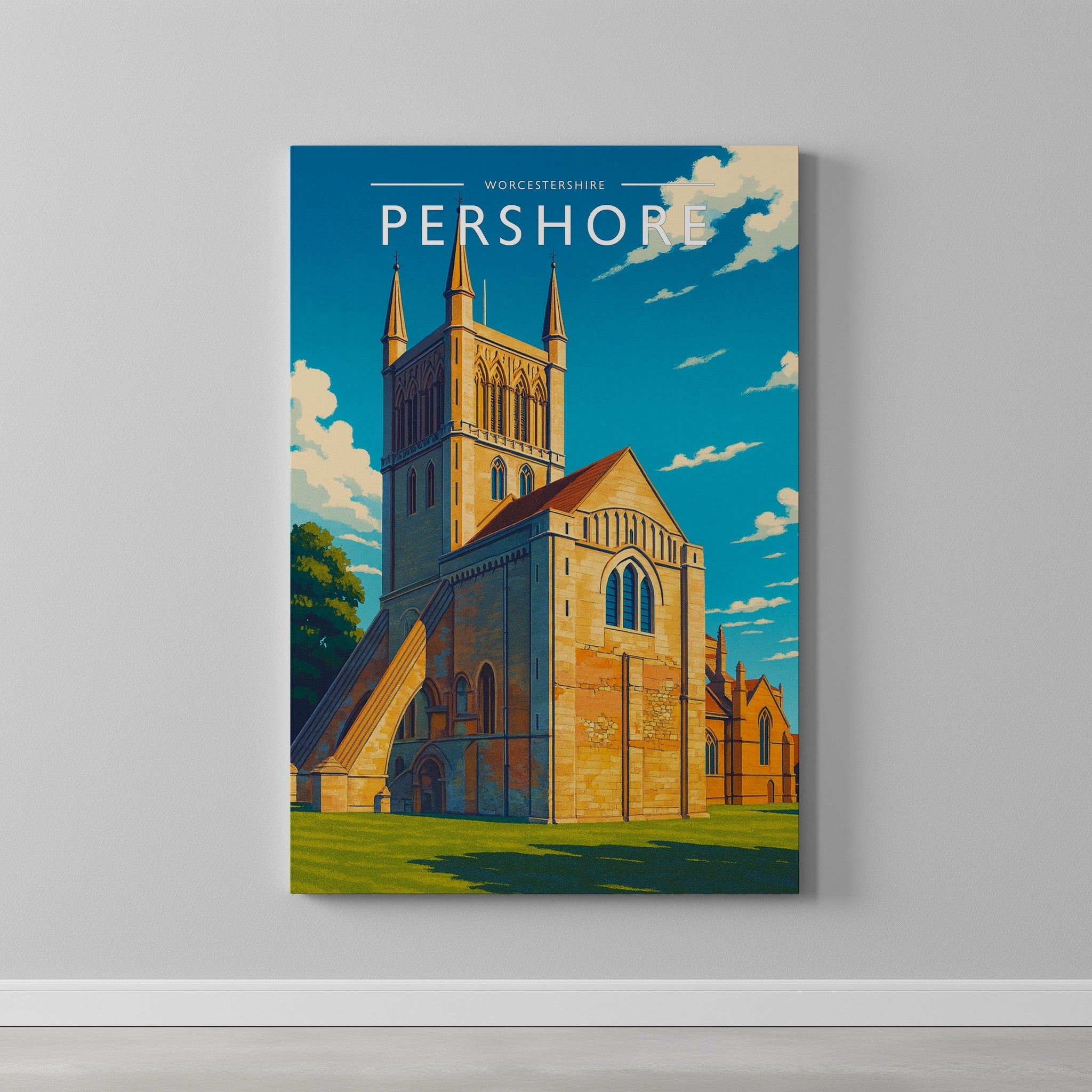 Pershore Travel Poster as a gallery-wrapped canvas on a plain wall
