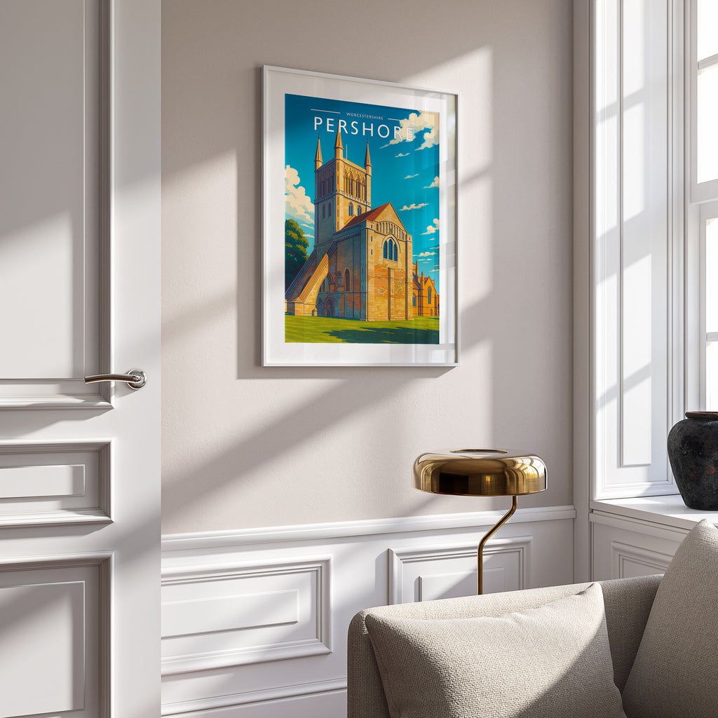 Pershore Travel Poster in a white frame on a panelled wall