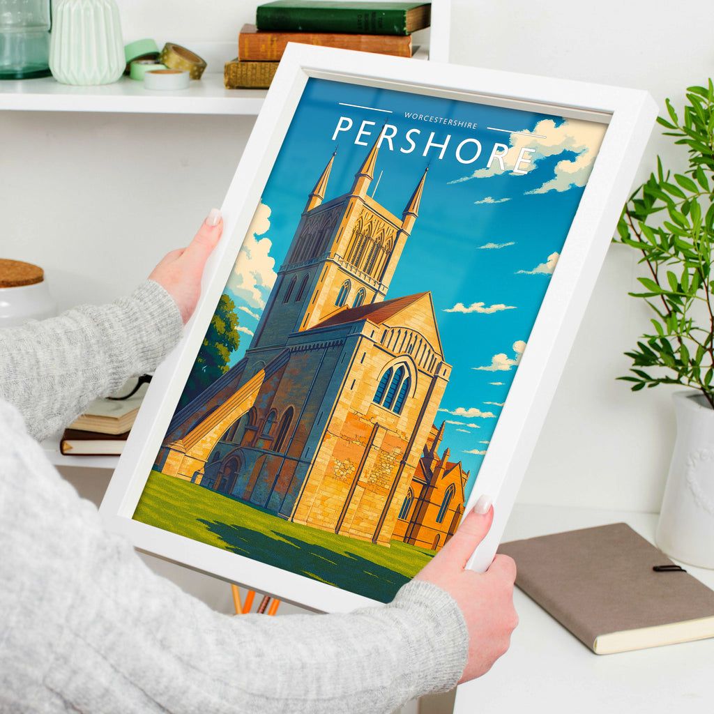 Pershore Travel Poster in a white frame, held to show scale