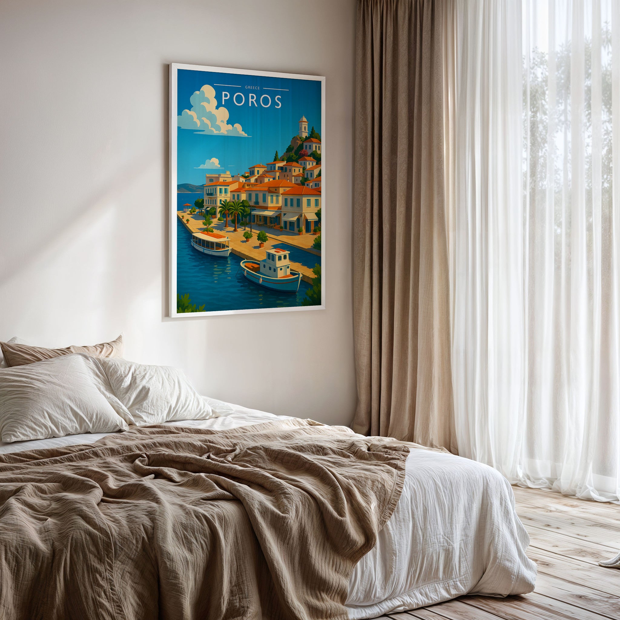 Poros Travel Poster framed on a bedroom wall