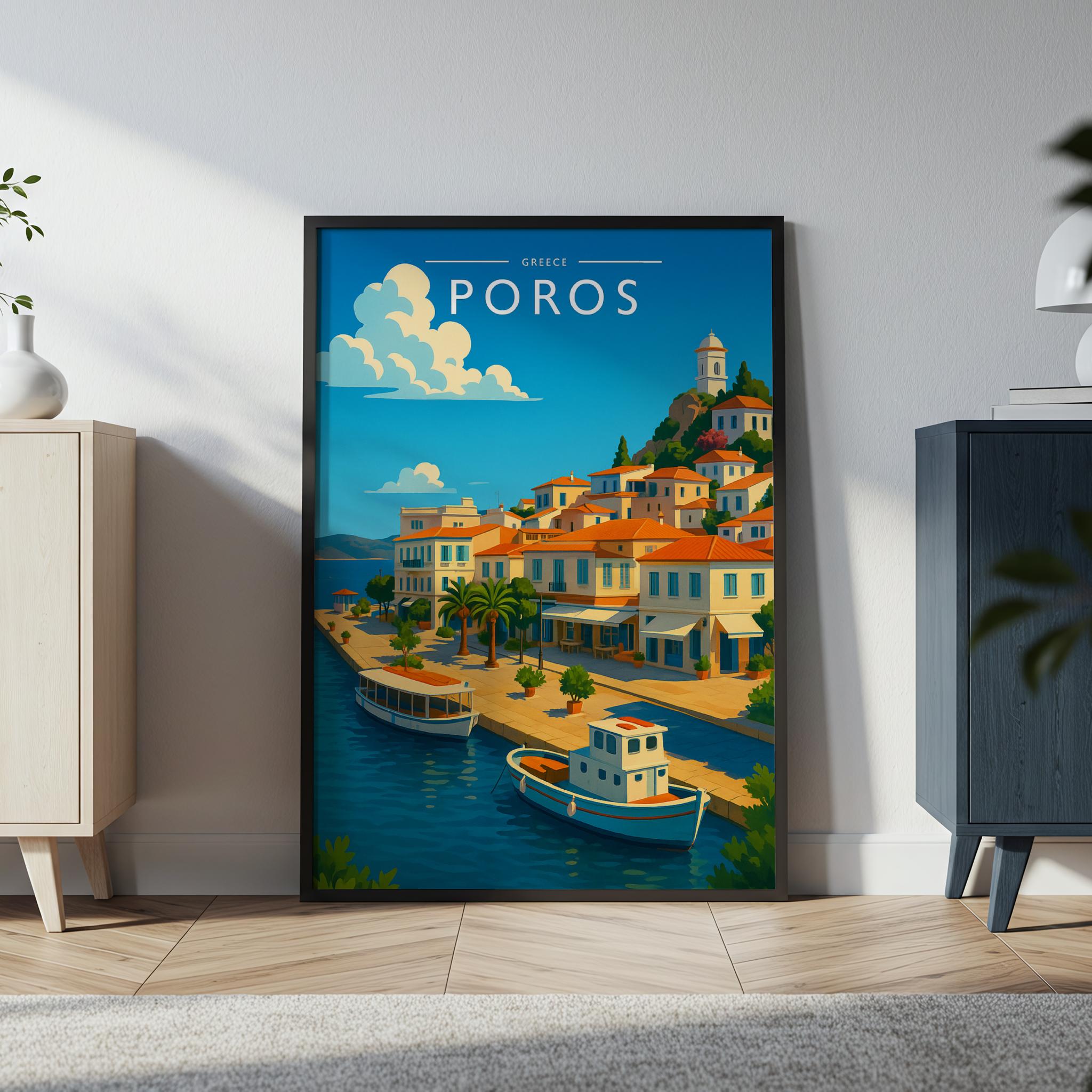 Poros Travel Poster in a black frame