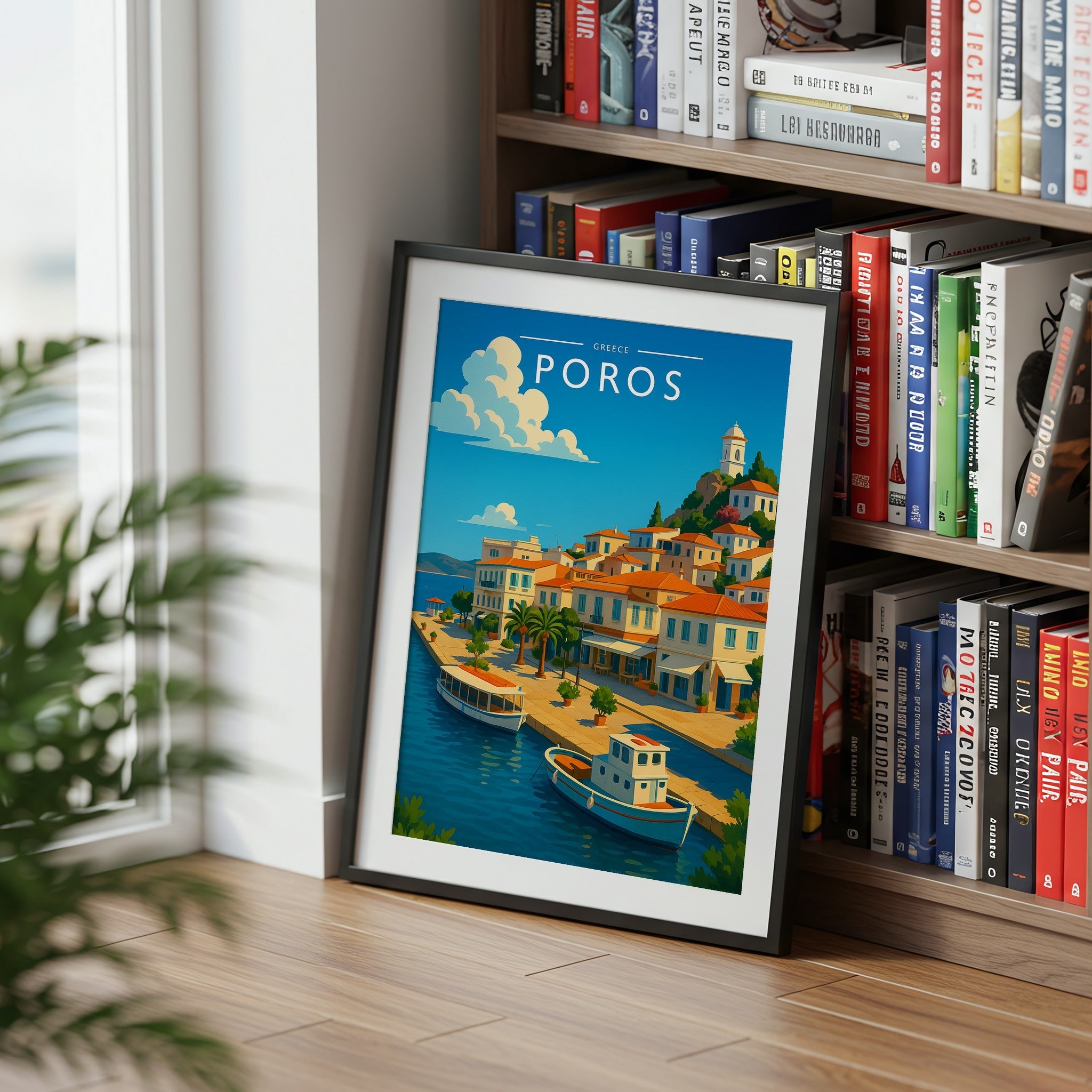 Poros Travel Poster mounted in a black frame
