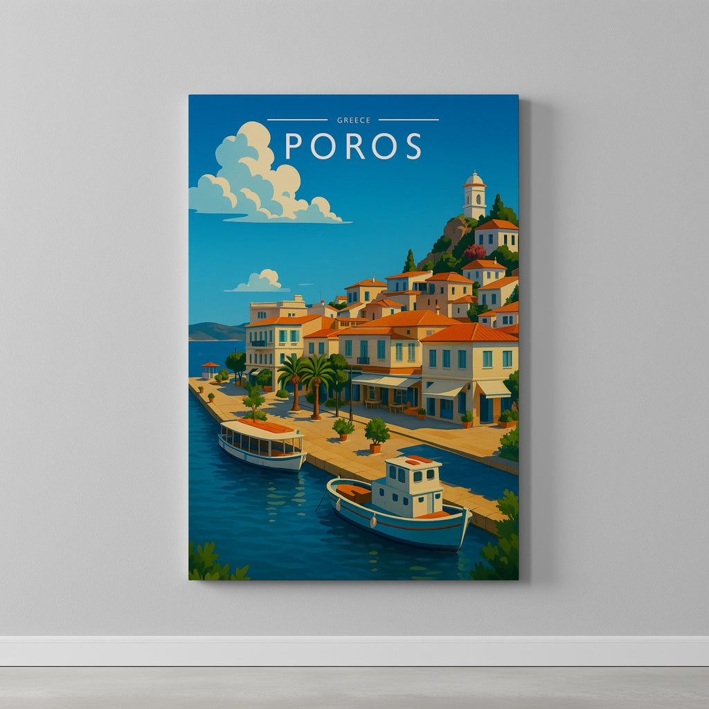 Poros Travel Poster as a gallery-wrapped canvas on a plain wall