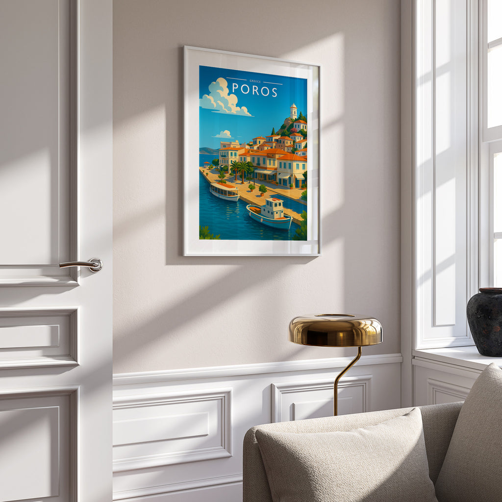 Poros Travel Poster in a white frame on a panelled wall