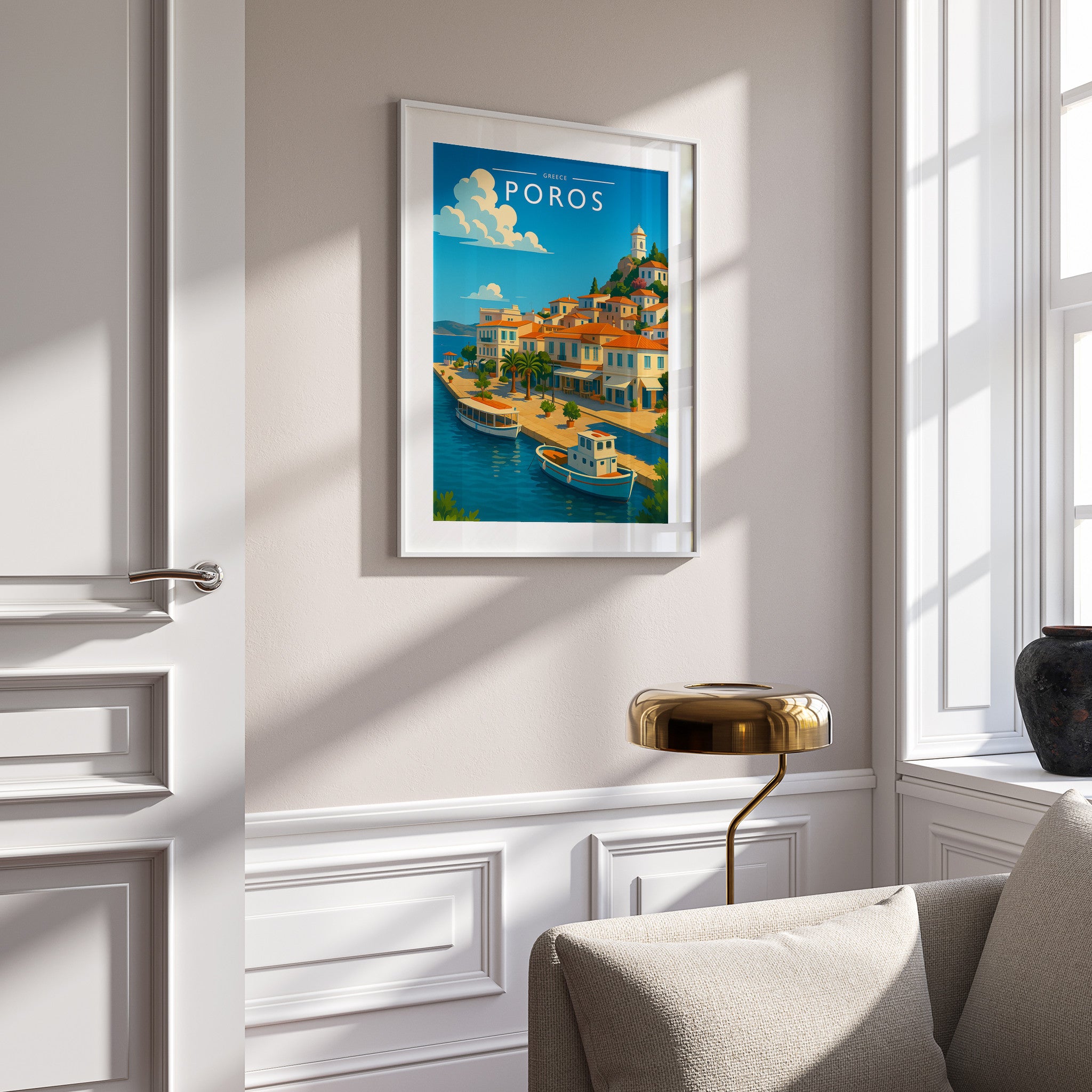 Poros Travel Poster in a white frame on a panelled wall