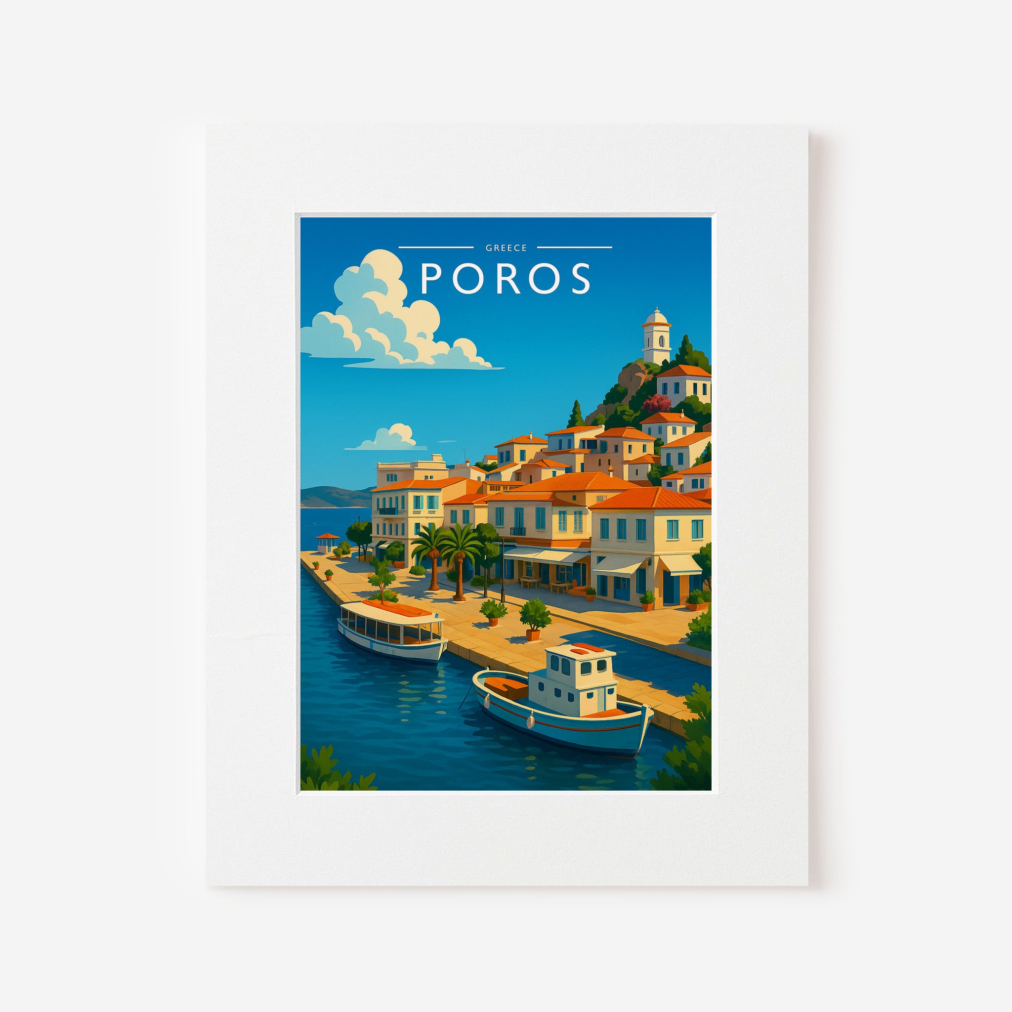 Poros Travel Poster in a white mount