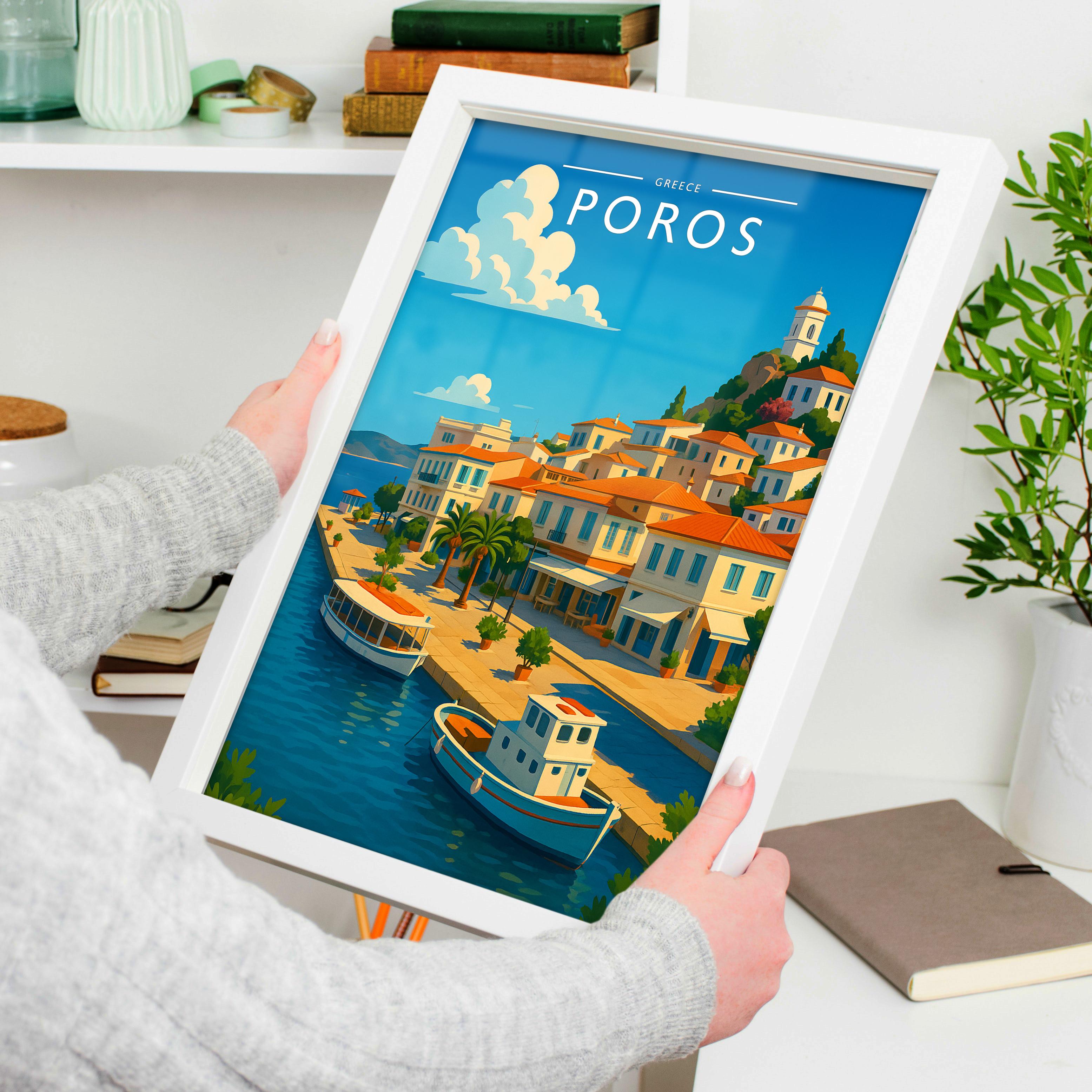 Poros Travel Poster held in a white frame