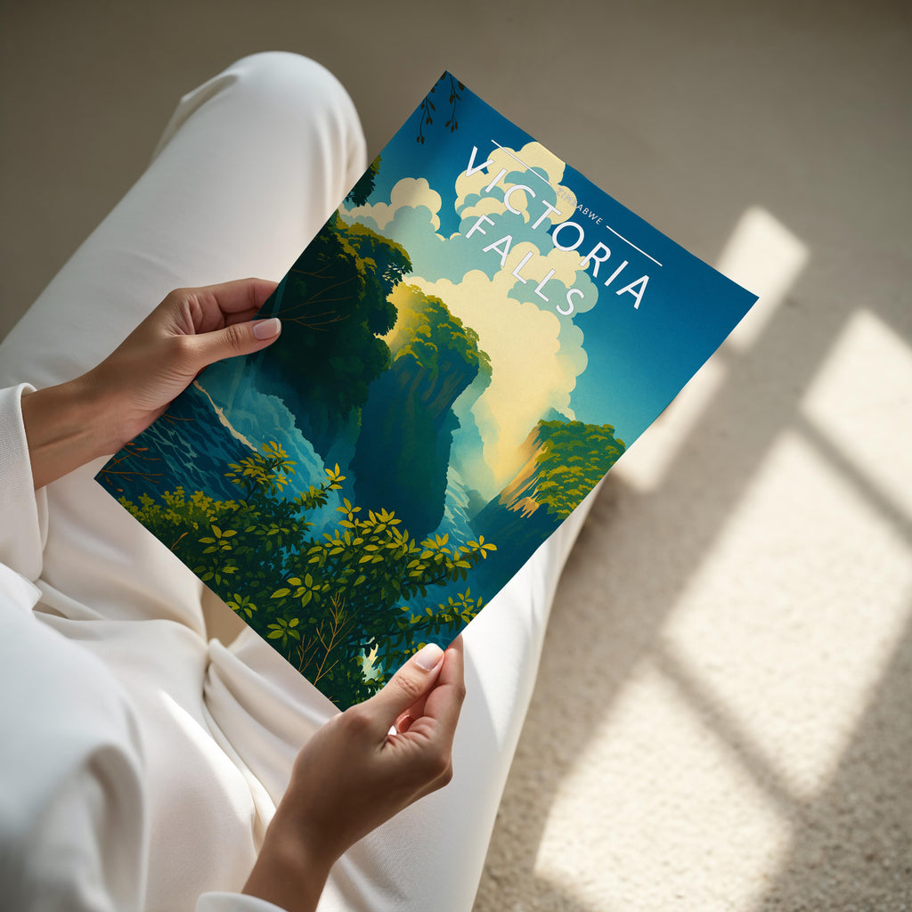 Victoria Falls Travel Poster - A4 print held in hand