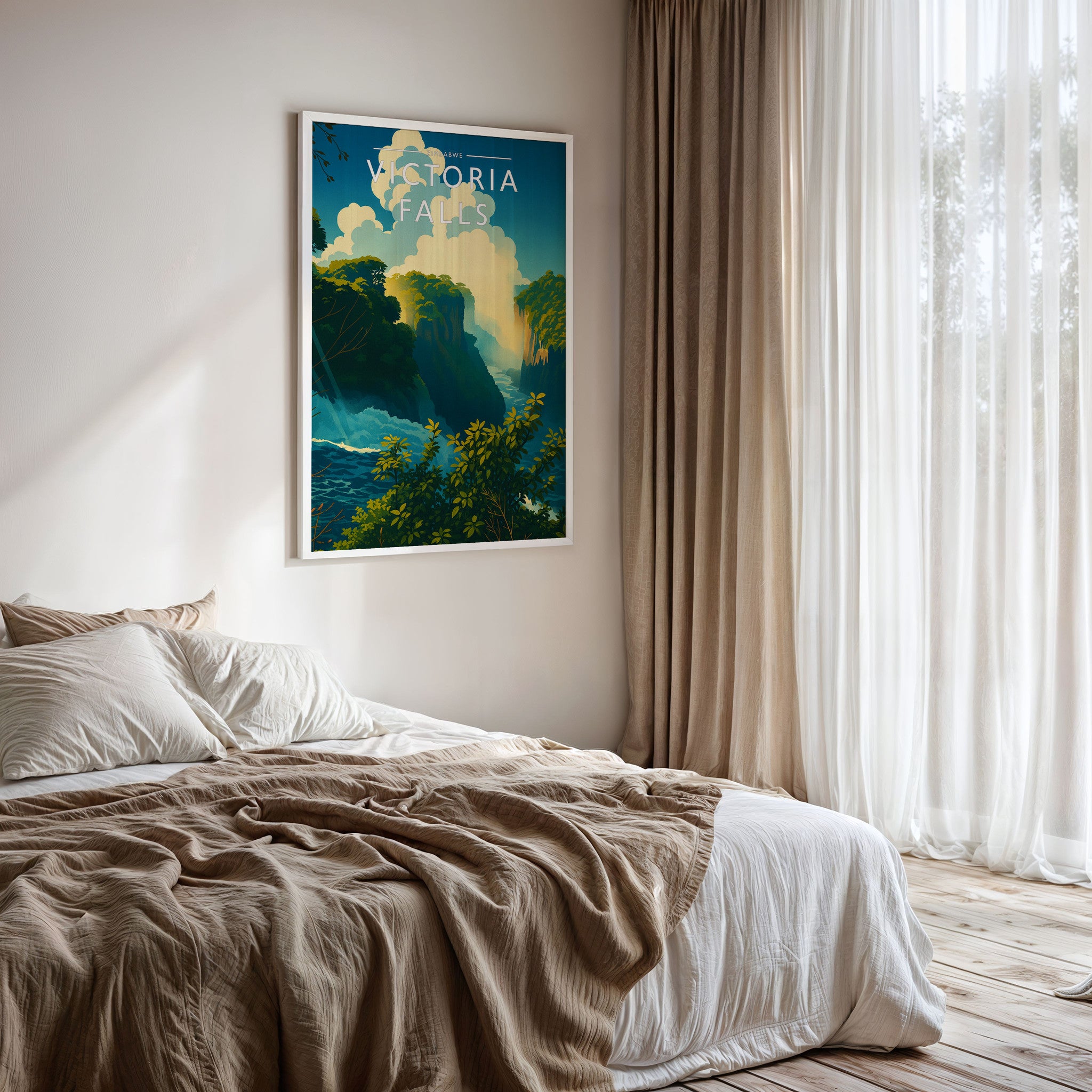 Victoria Falls Travel Poster framed on a bedroom wall