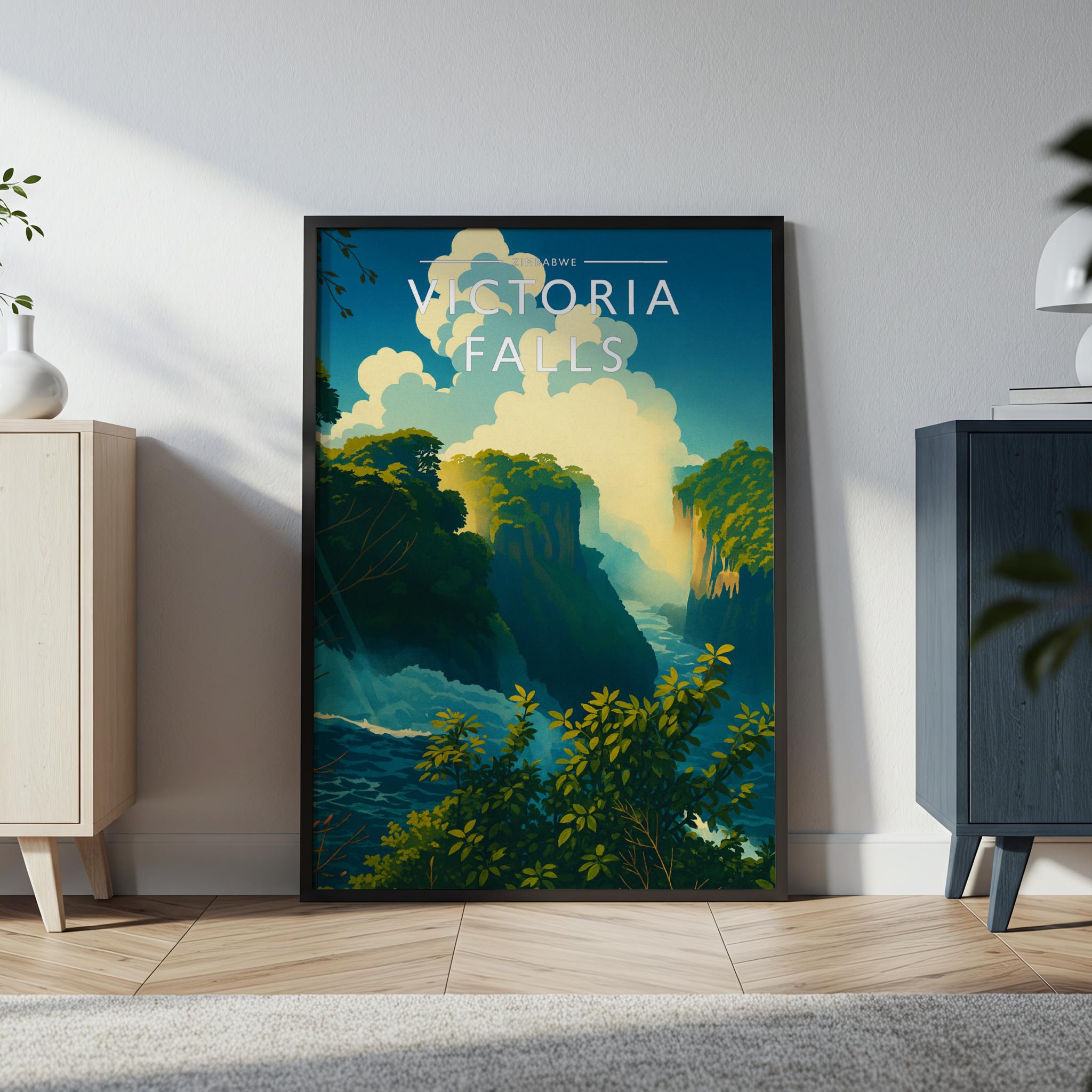 Victoria Falls Travel Poster in a black frame