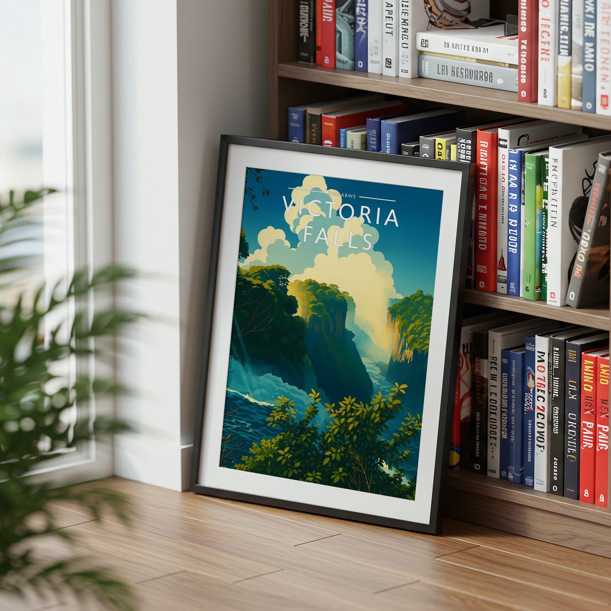 Victoria Falls Travel Poster mounted in a black frame