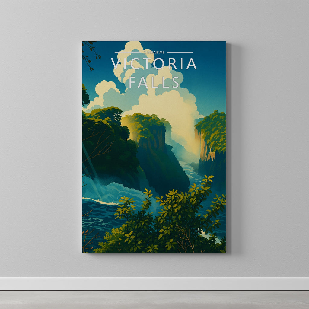 Victoria Falls Travel Poster as a gallery-wrapped canvas on a plain wall