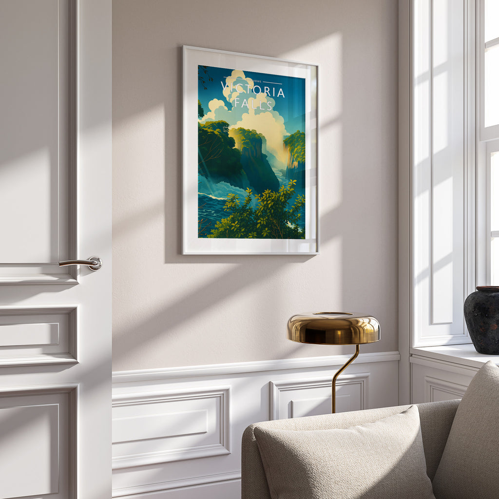 Victoria Falls Travel Poster in a white frame on a panelled wall