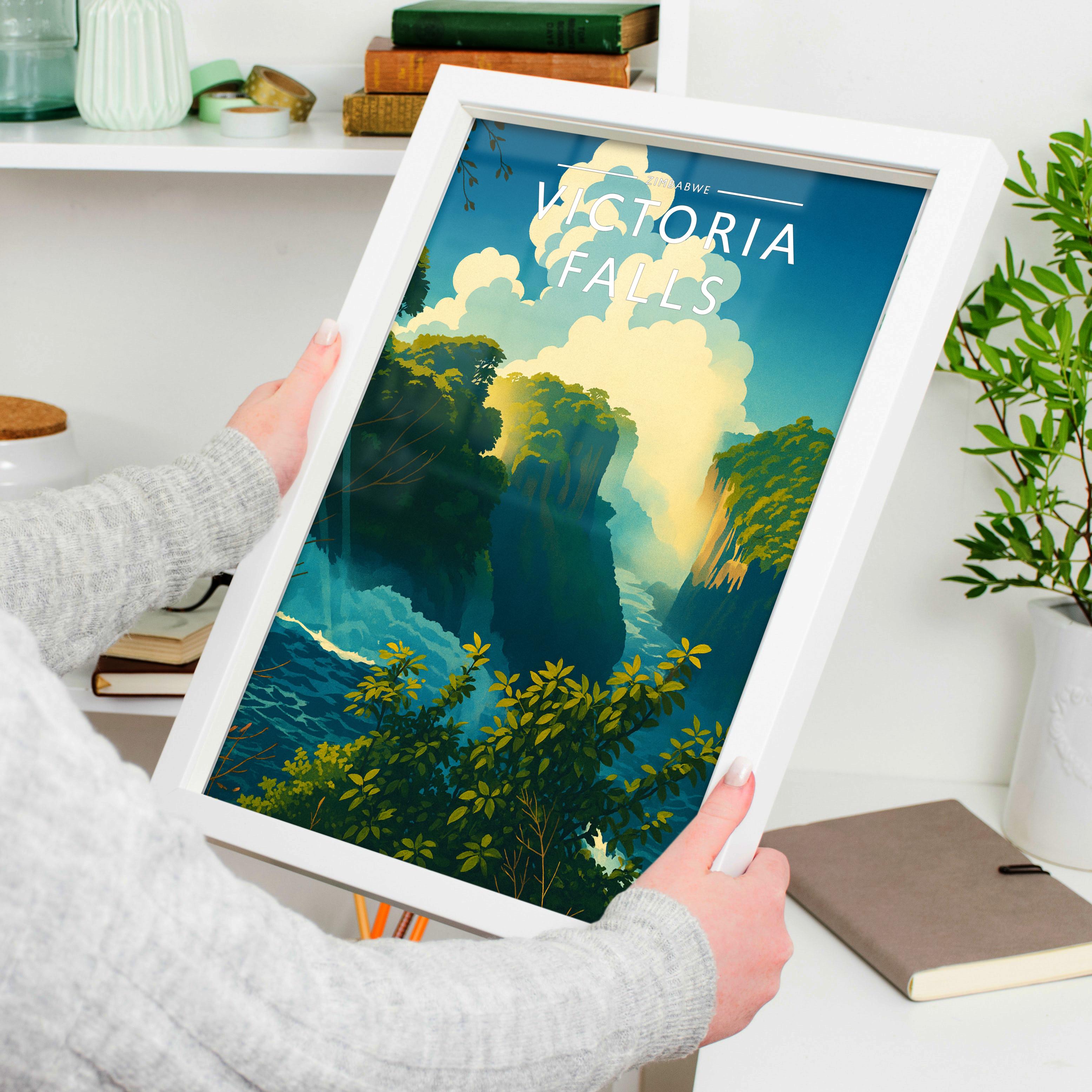 Victoria Falls Travel Poster held in a white frame