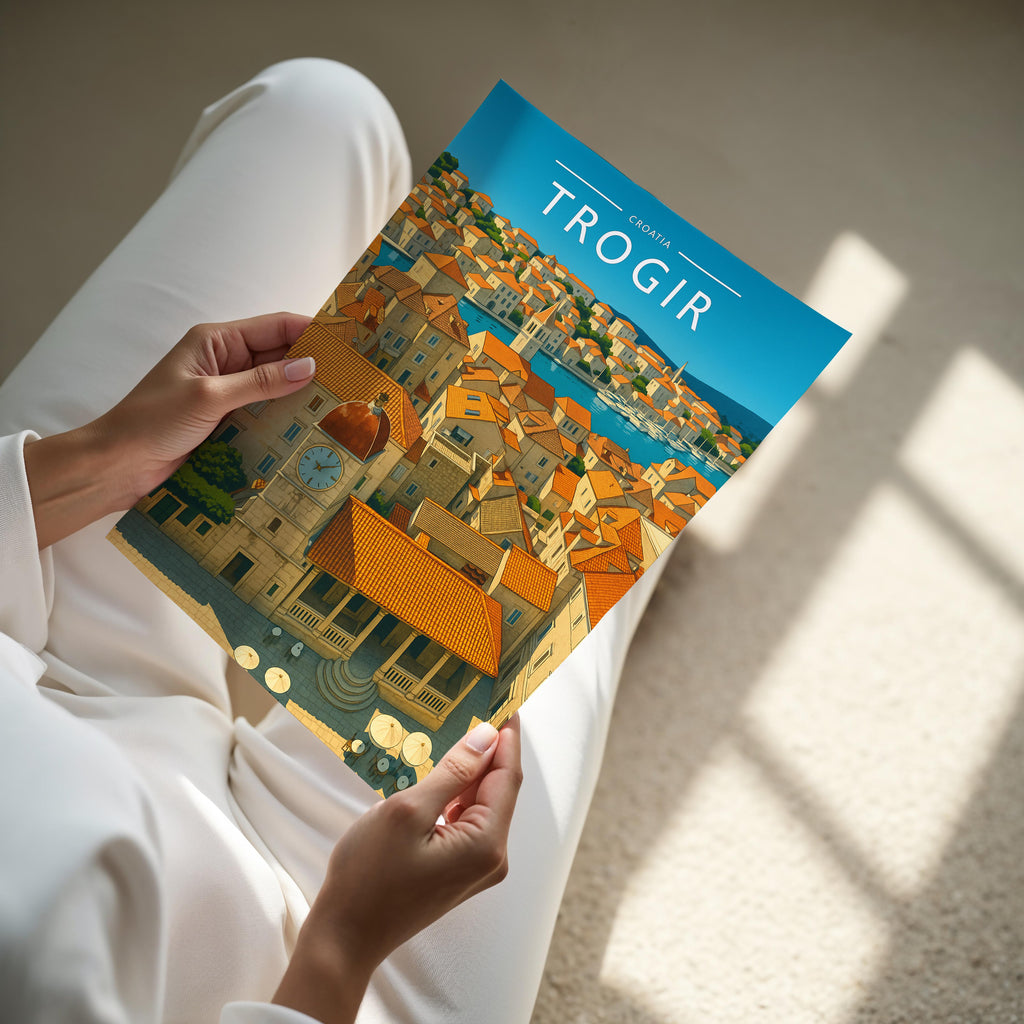 Trogir Travel Poster - A4 print held in hand