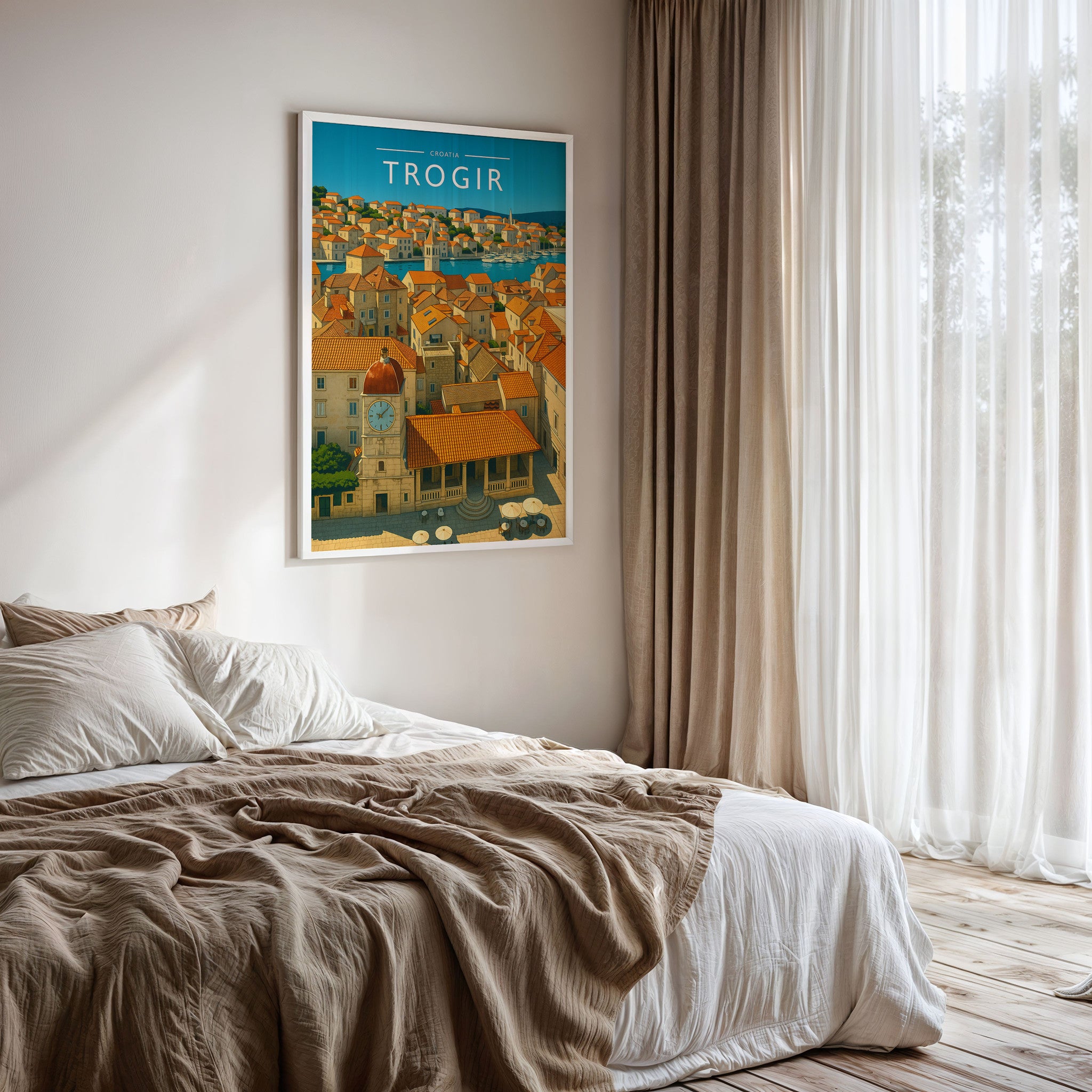 Trogir Travel Poster framed on a bedroom wall