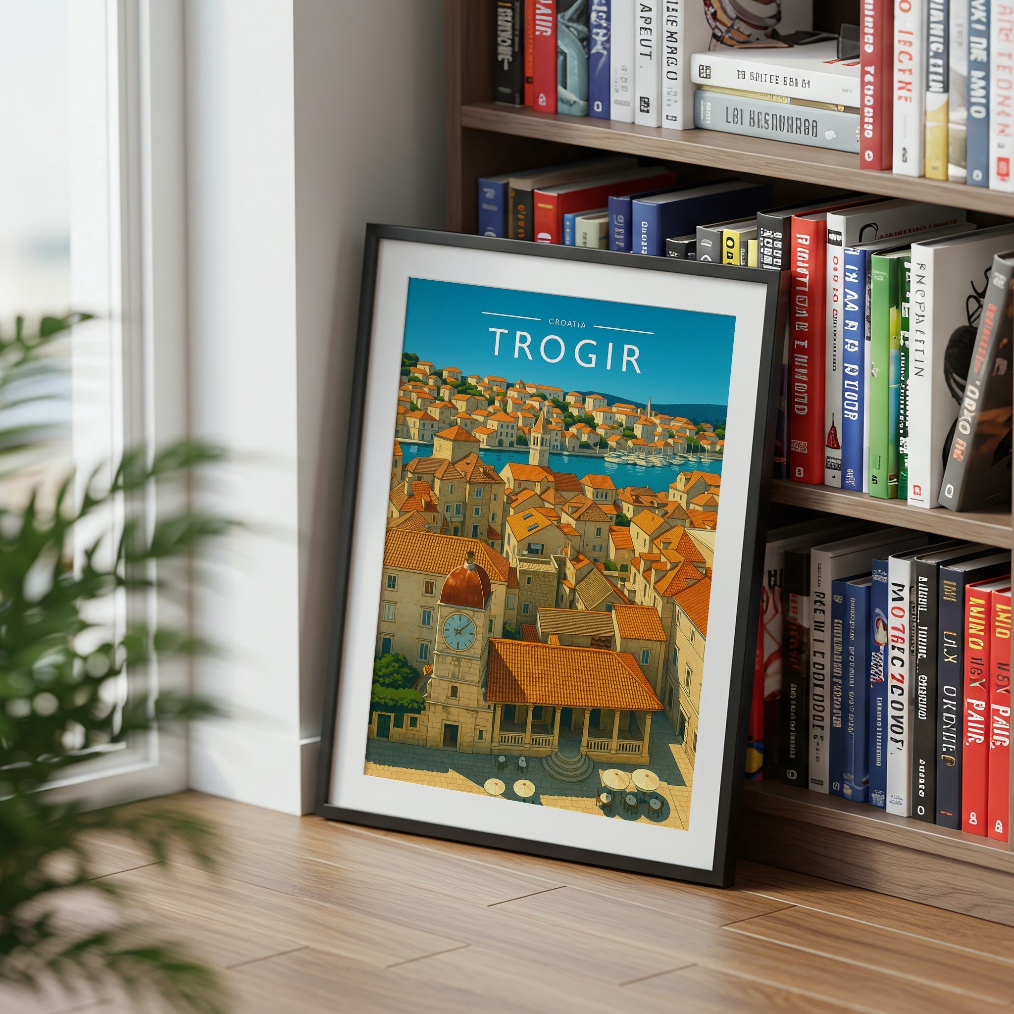 Trogir Travel Poster mounted in a black frame