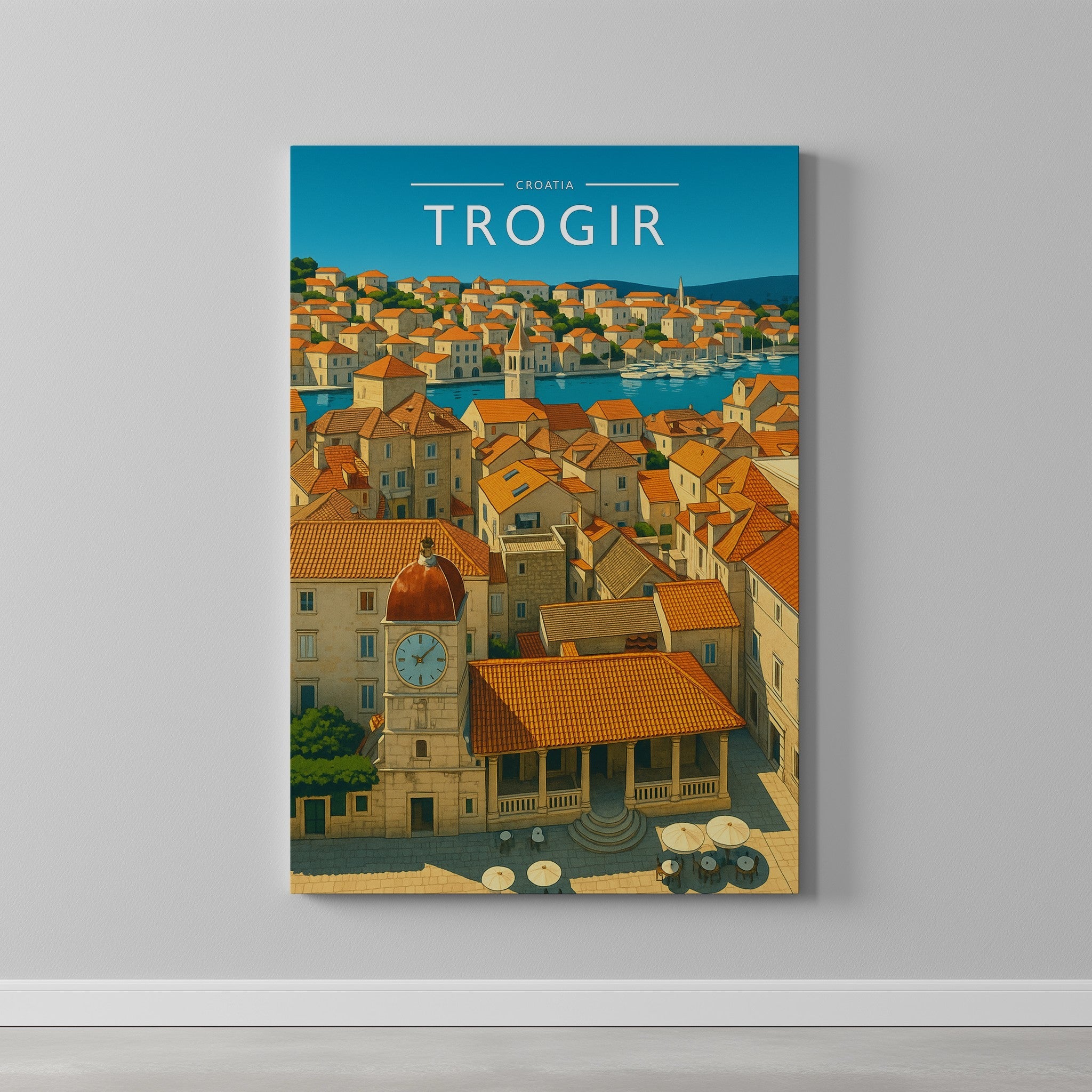 Trogir Travel Poster as a gallery-wrapped canvas on a plain wall
