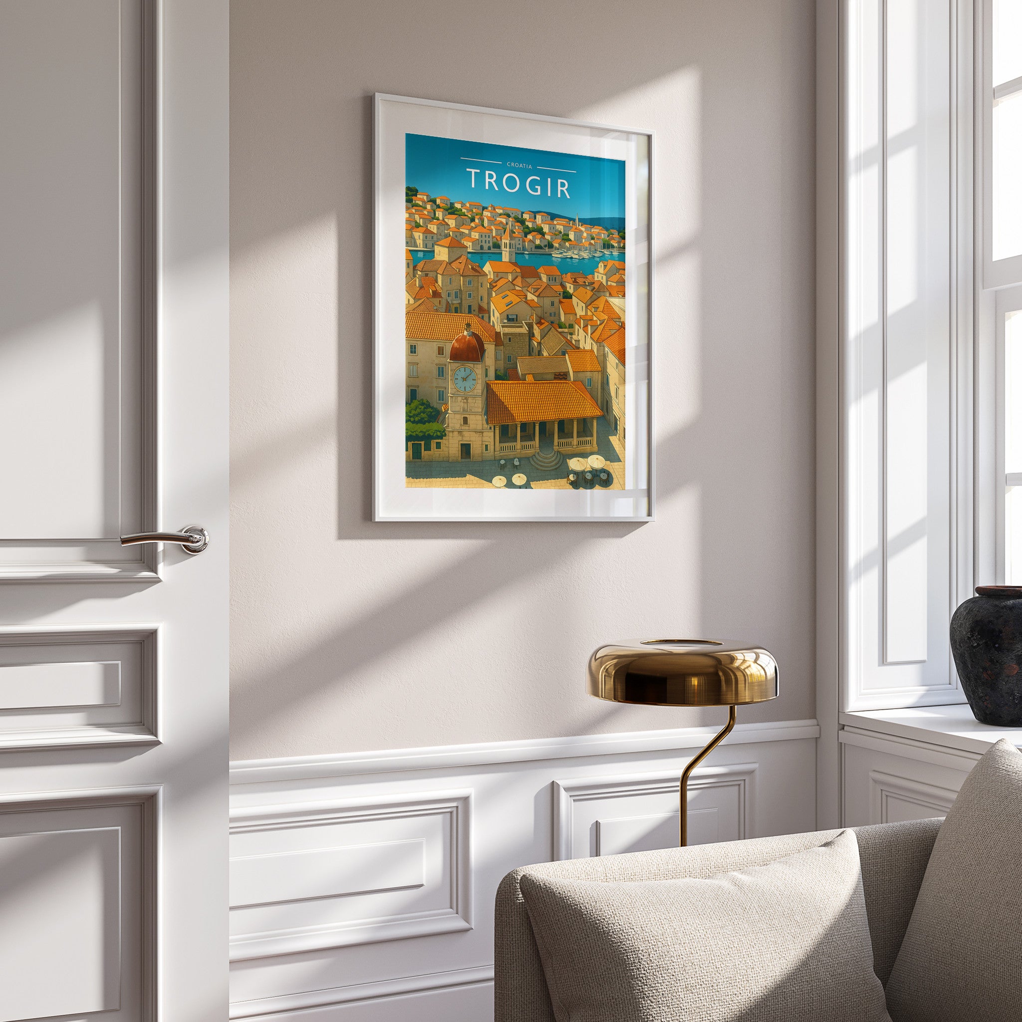 Trogir Travel Poster in a white frame on a panelled wall