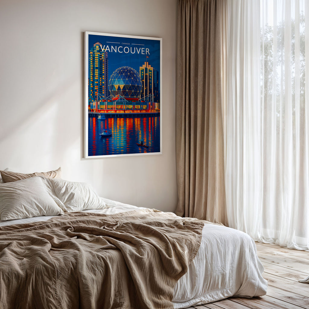 Vancouver Travel Poster framed on a bedroom wall