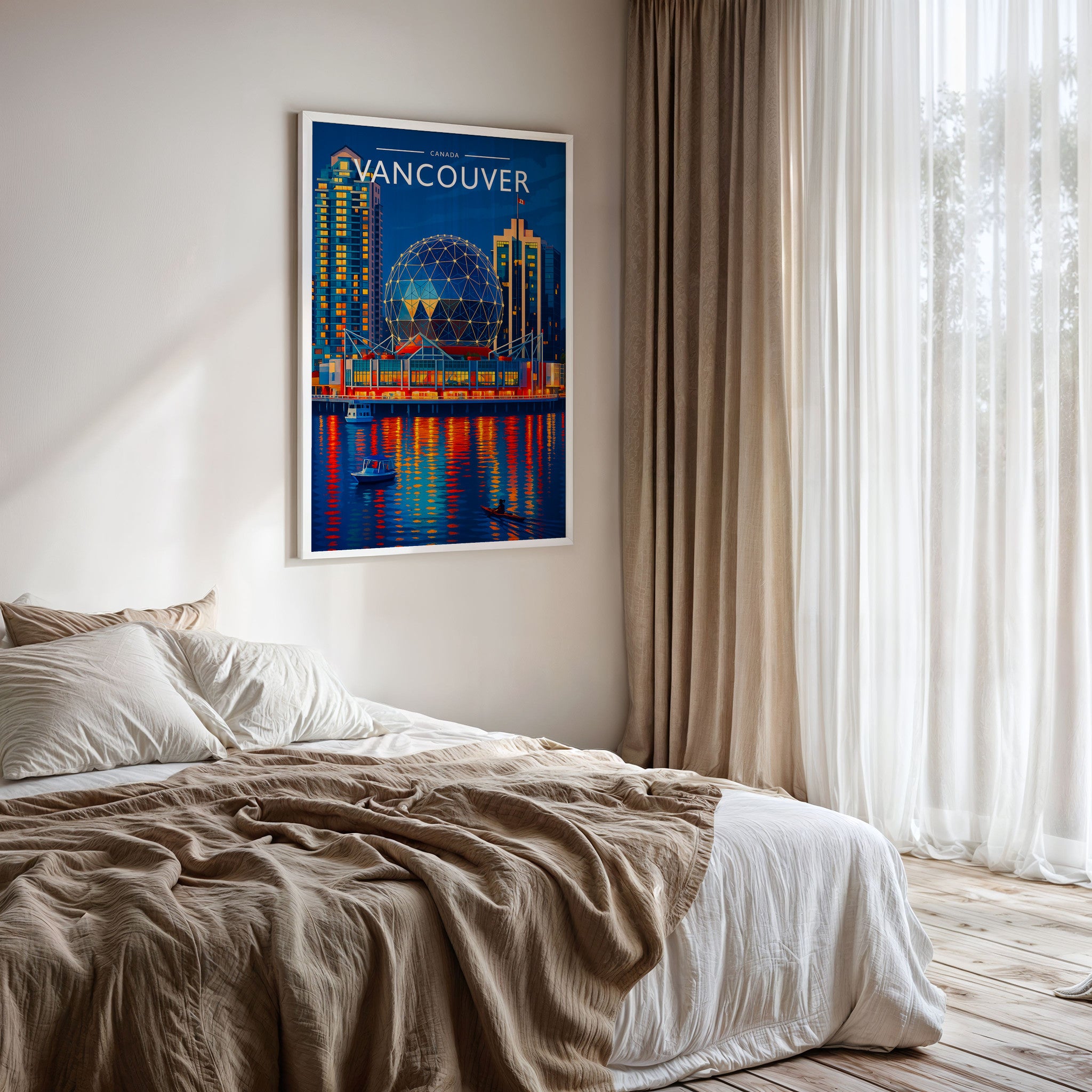 Vancouver Travel Poster framed on a bedroom wall