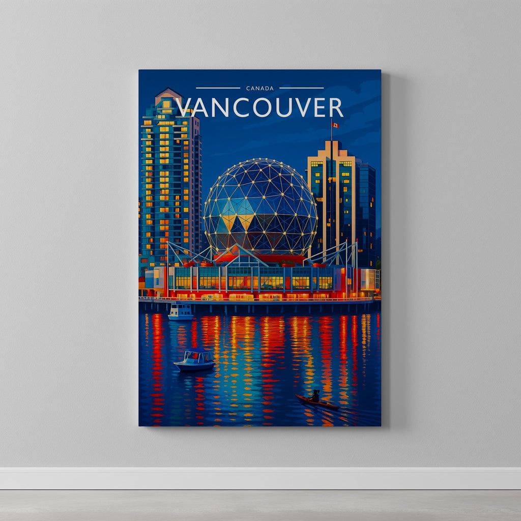 Vancouver Travel Poster as a gallery-wrapped canvas on a plain wall