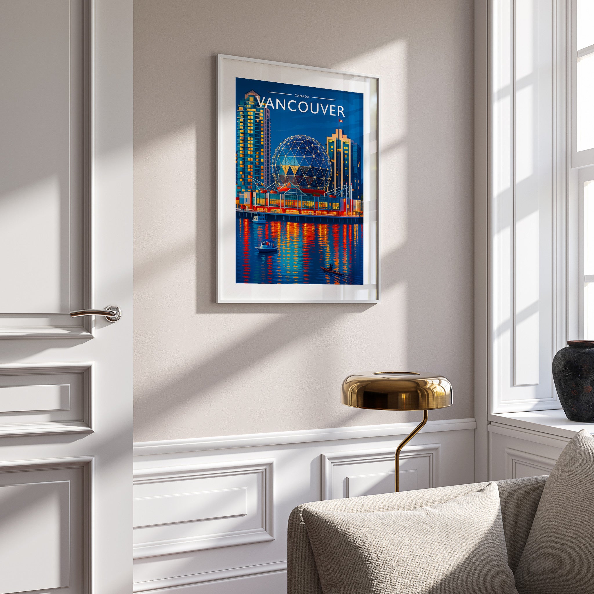 Vancouver Travel Poster in a white frame on a panelled wall