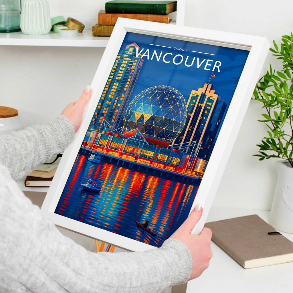 Vancouver Travel Poster in a white frame, held to show scale