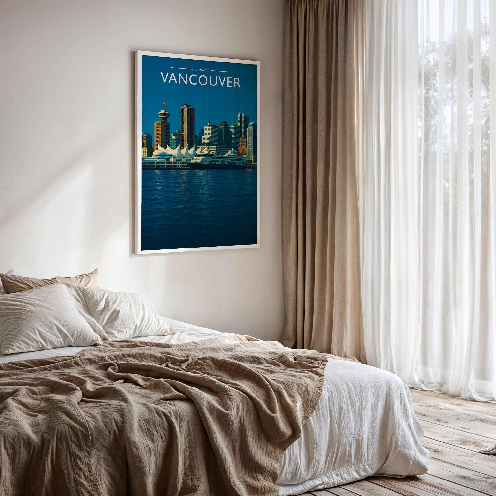 Vancouver #2 Travel Poster framed on a bedroom wall