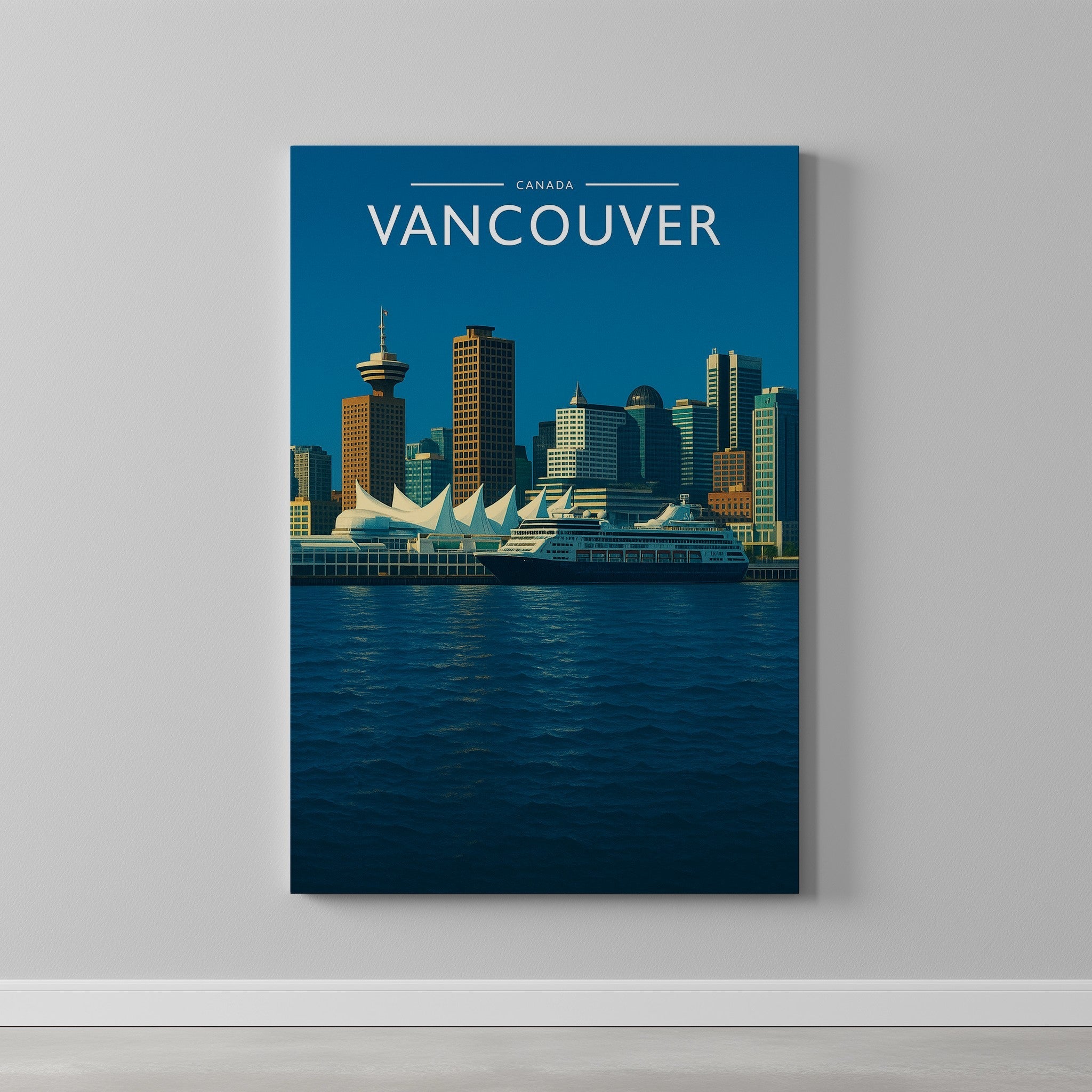 Vancouver #2 Travel Poster as a gallery-wrapped canvas on a plain wall