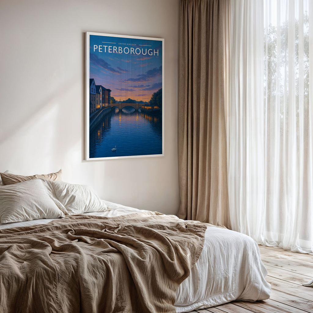 Peterborough #2 Travel Poster framed on a bedroom wall