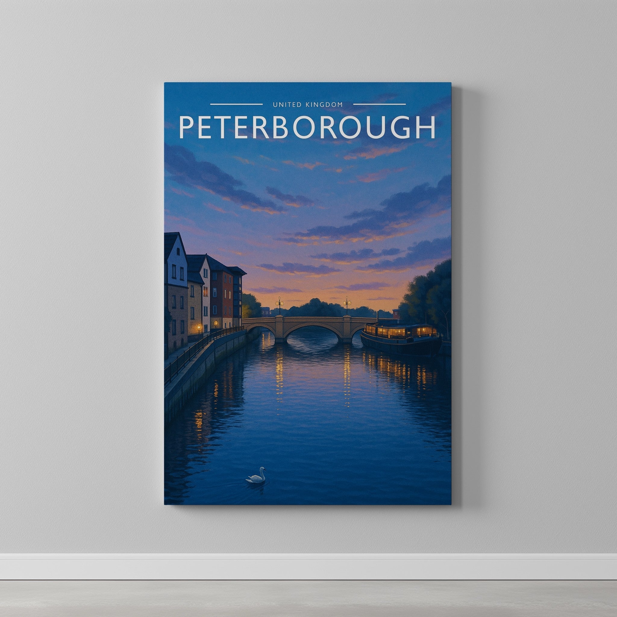 Peterborough #2 Travel Poster as a gallery-wrapped canvas on a plain wall